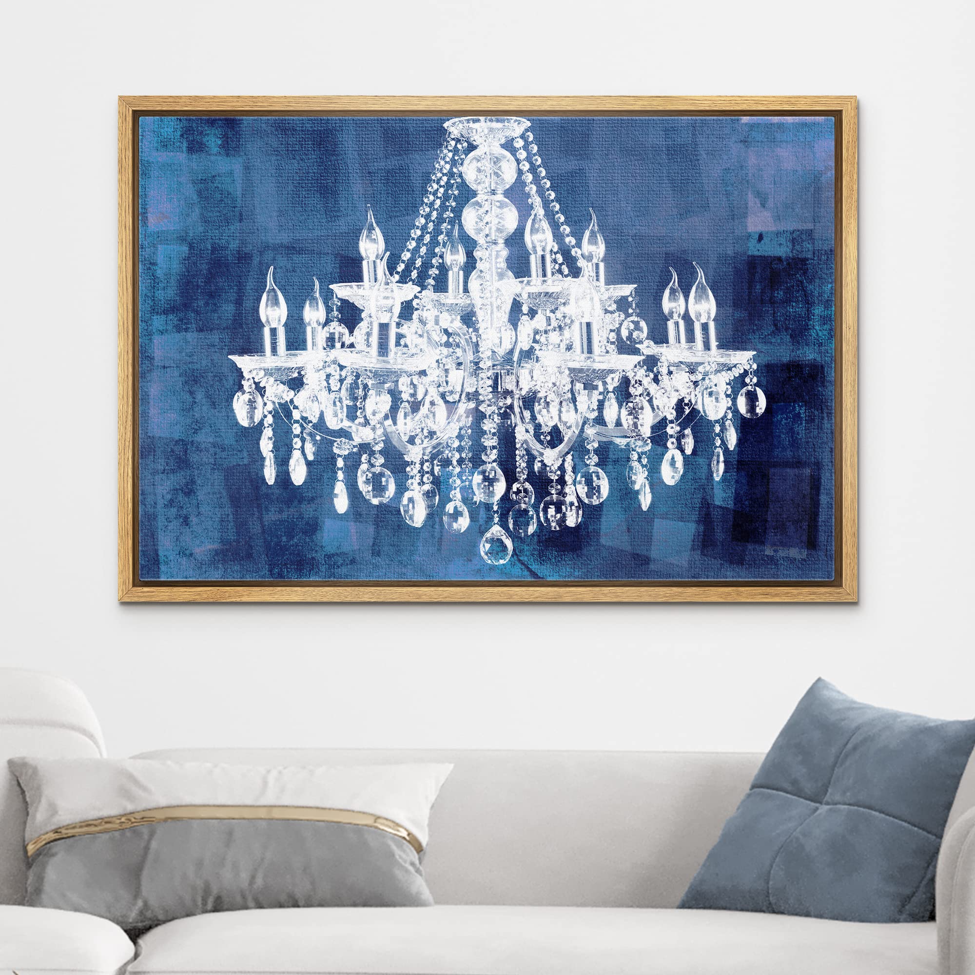 Wall26 Framed Canvas Print - White Chandelier Silhouette on Navy Blue Background, Modern Digital Art Wall Decor for Living Room, Bedroom, Office - 16x24 Inches Natural Wood Frame - Perfect for Creating a Chic, Relaxing Atmosphere in Home or Workspace