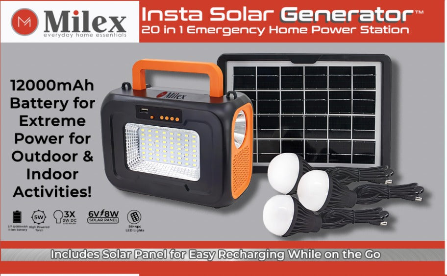 MILEX Insta Solar Generator - Portable Power Station for Camping, Emergencies & Off-Grid Living - 1000W Solar Powered Generator with AC Outlets & USB Ports