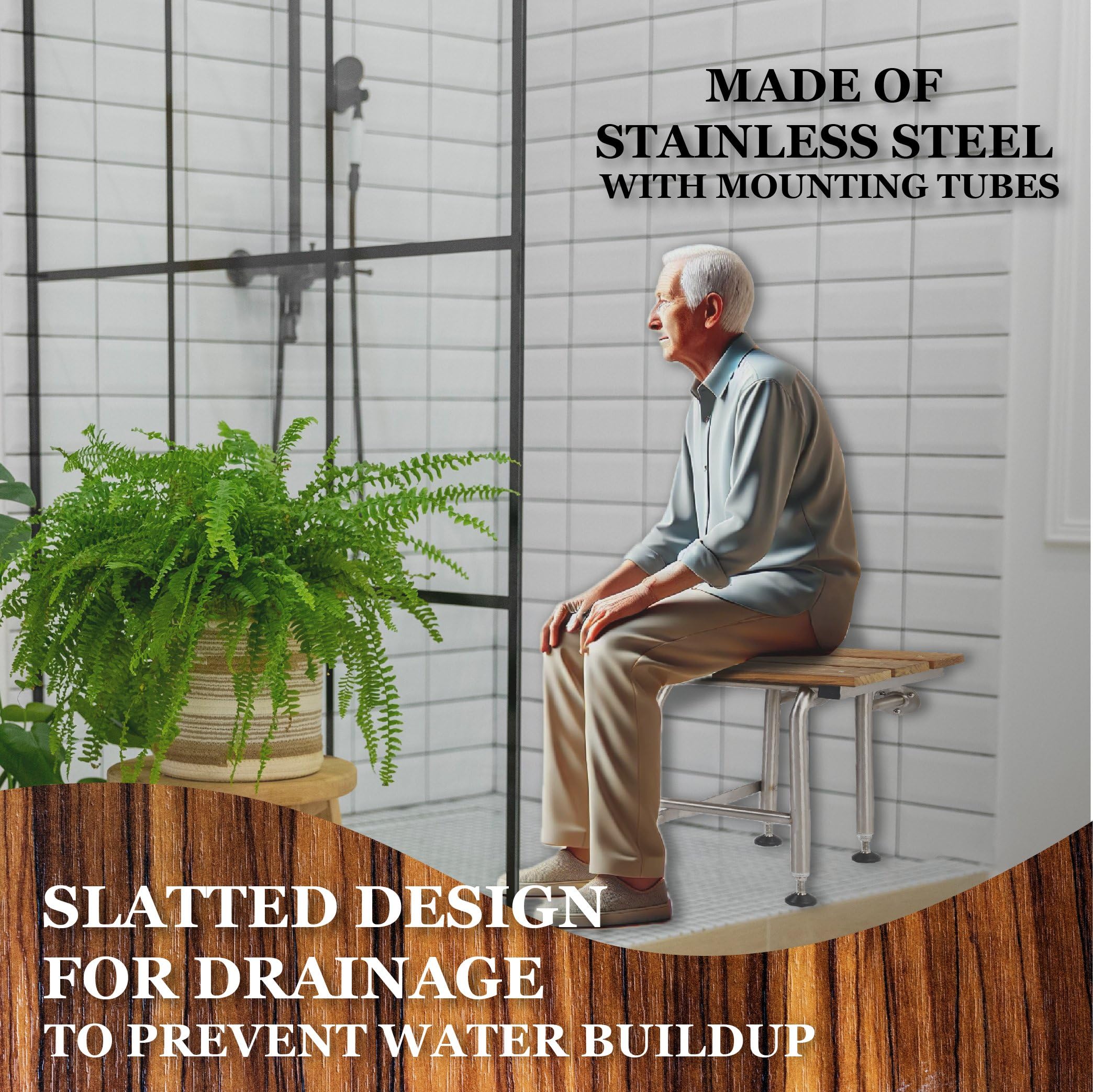 Premium Teak Shower Bench with Sturdy Legs - ADA Compliant Folding Shower Chair for Elderly & Disabled - Wall Mounted Shower Seat Supports 600lbs - 304 Stainless Steel Frame - 32