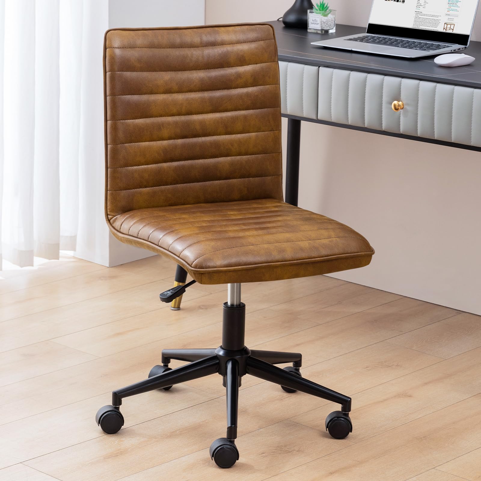 Furniliving Genuine Leather Home Office Chair - Armless Vanity Desk Task Chair with 360° Swivel Wheels & Adjustable Height - Modern Computer Rolling Chair with Gold Metal Base - Perfect for Home Office, Study Room, and Workspace