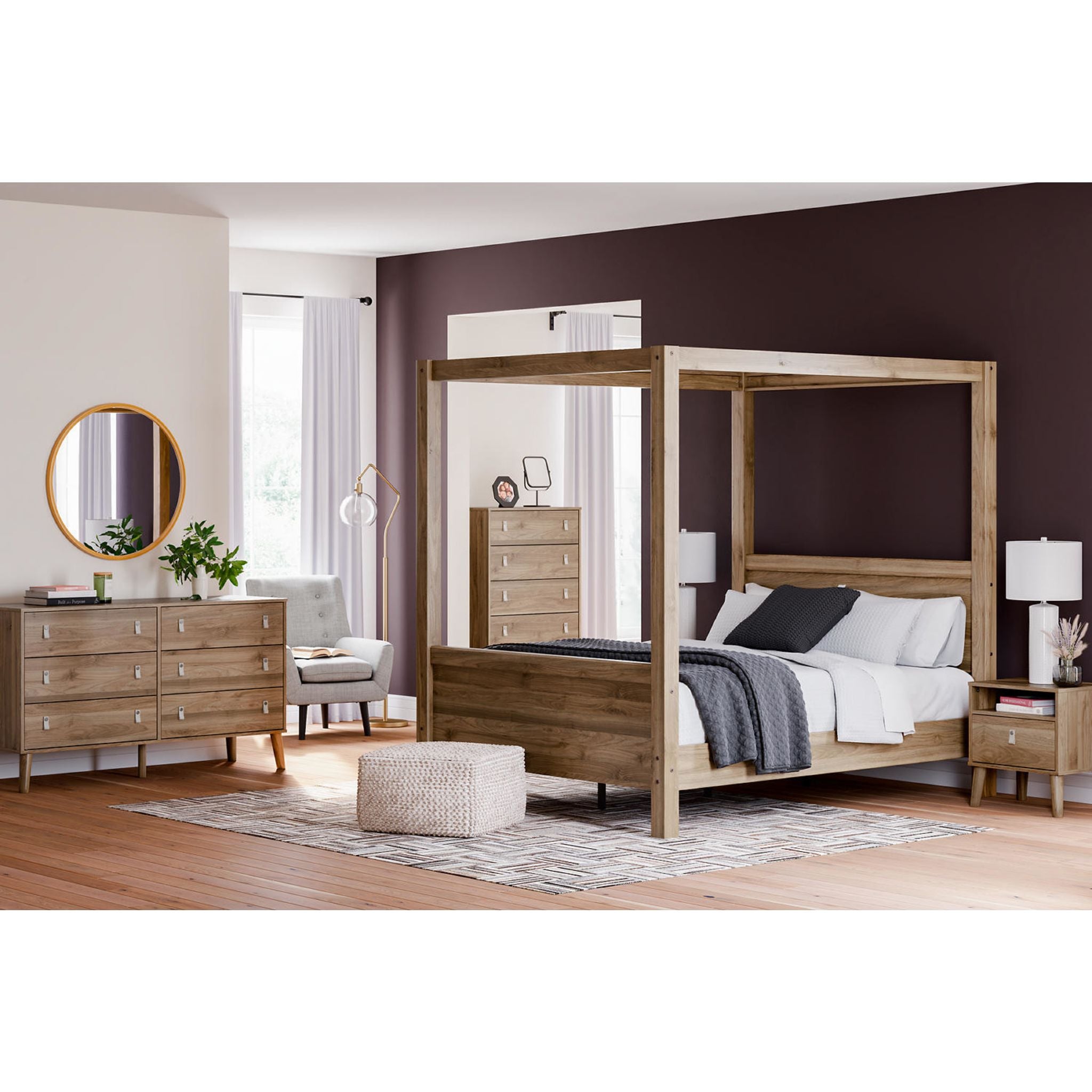 Aprilyn Queen Canopy Bed with Honey Finish - Elegant Four Poster Bed Frame for Master Bedroom Decor, Romantic Bedroom Design & Luxurious Sleeping Experience