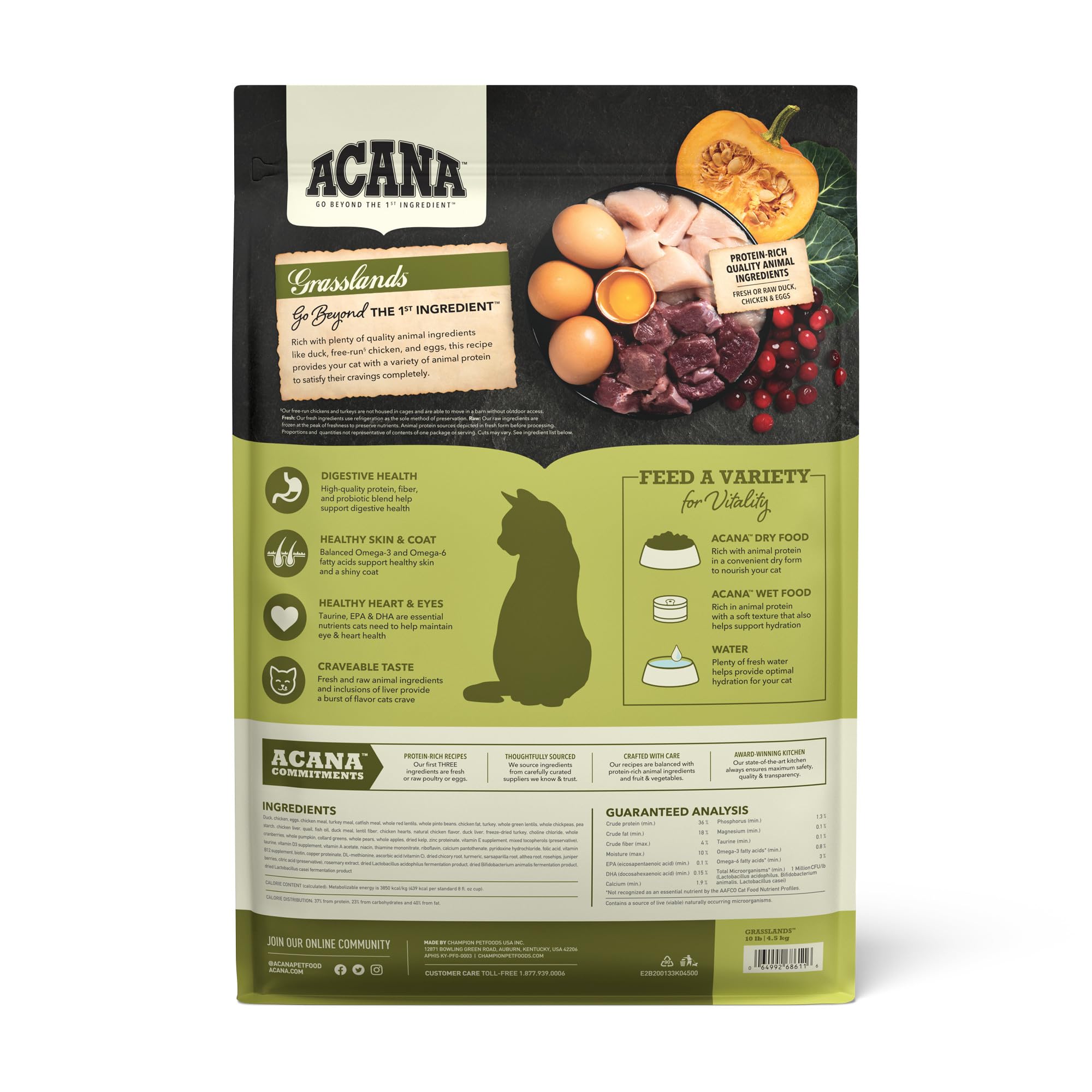 ACANA Highest Protein Grain-Free Dry Cat Food - Duck, Free-Run Chicken & Eggs Recipe for Adult Cats, 10lb Bag | Premium High-Protein Nutrition for Indoor & Outdoor Cats
