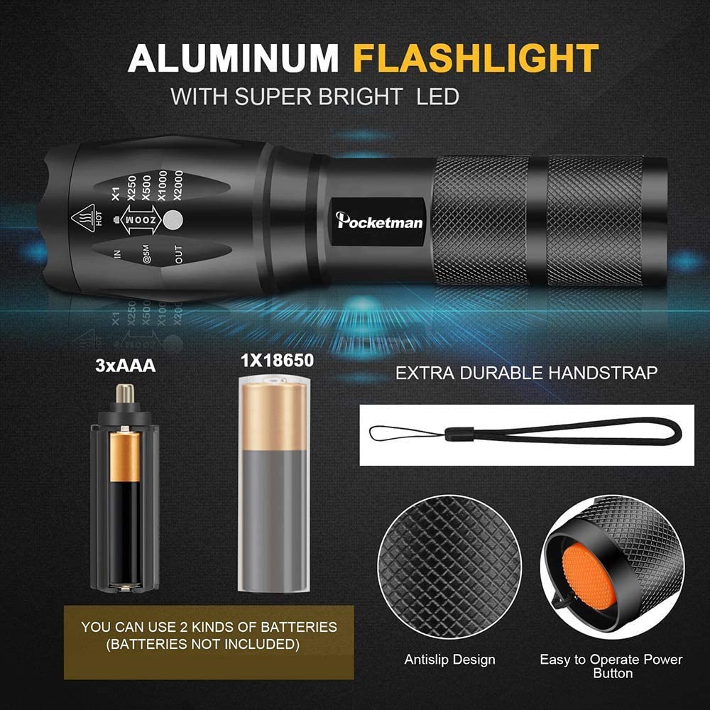 MODOAO High Lumens 10000 Tactical Flashlight - Zoomable LED Flashlight with 5 Modes (2 Pack) - Perfect for Outdoor Camping, Emergency, Hiking, Hunting & Home Use