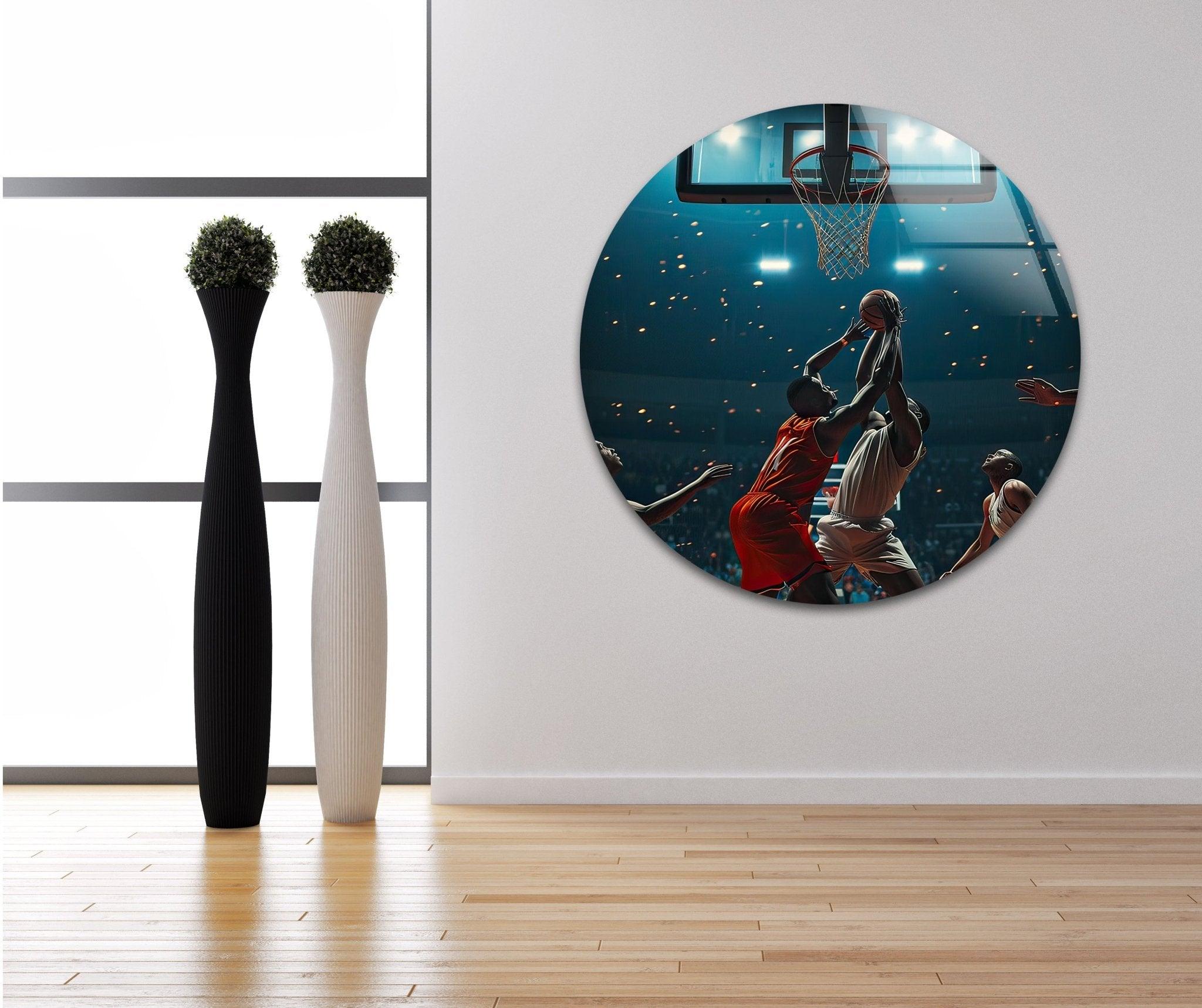 Basketball Players Glass Wall Art - Modern Sports Decor for Home, Office & Gym - Perfect Gift for Basketball Fans & Athletes