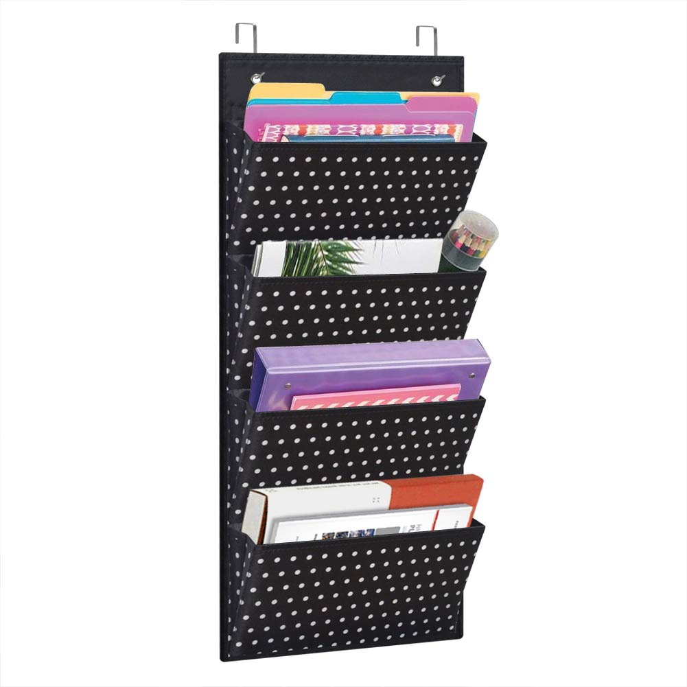 Eamay Wall Mount & Over Door File Organizer - 4 Large Hanging Storage Holders for Office Documents, School Supplies, Classroom & Home Organization (White Dots Pattern) | Perfect for Office Filing, Teacher Supplies & Home Office Storage