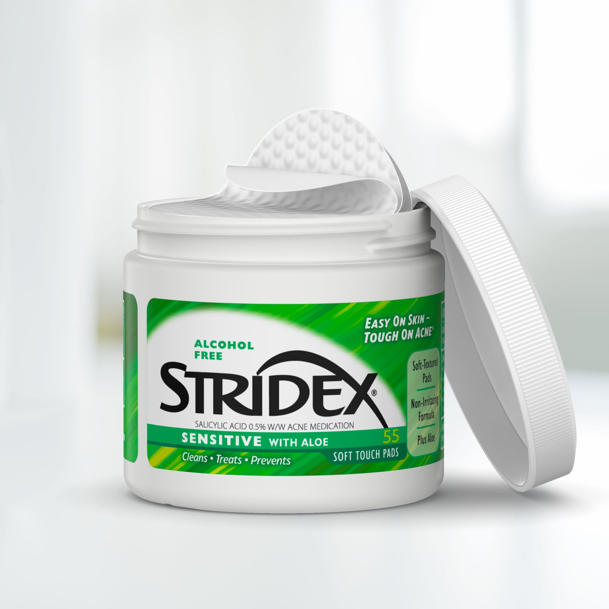 Stridex Medicated Acne Pads for Sensitive Skin - 55 Count Alcohol-Free Facial Cleansing Wipes, Mild to Moderate Acne Treatment with Smooth Application - Perfect for Daily Skincare Routine & On-the-Go Use