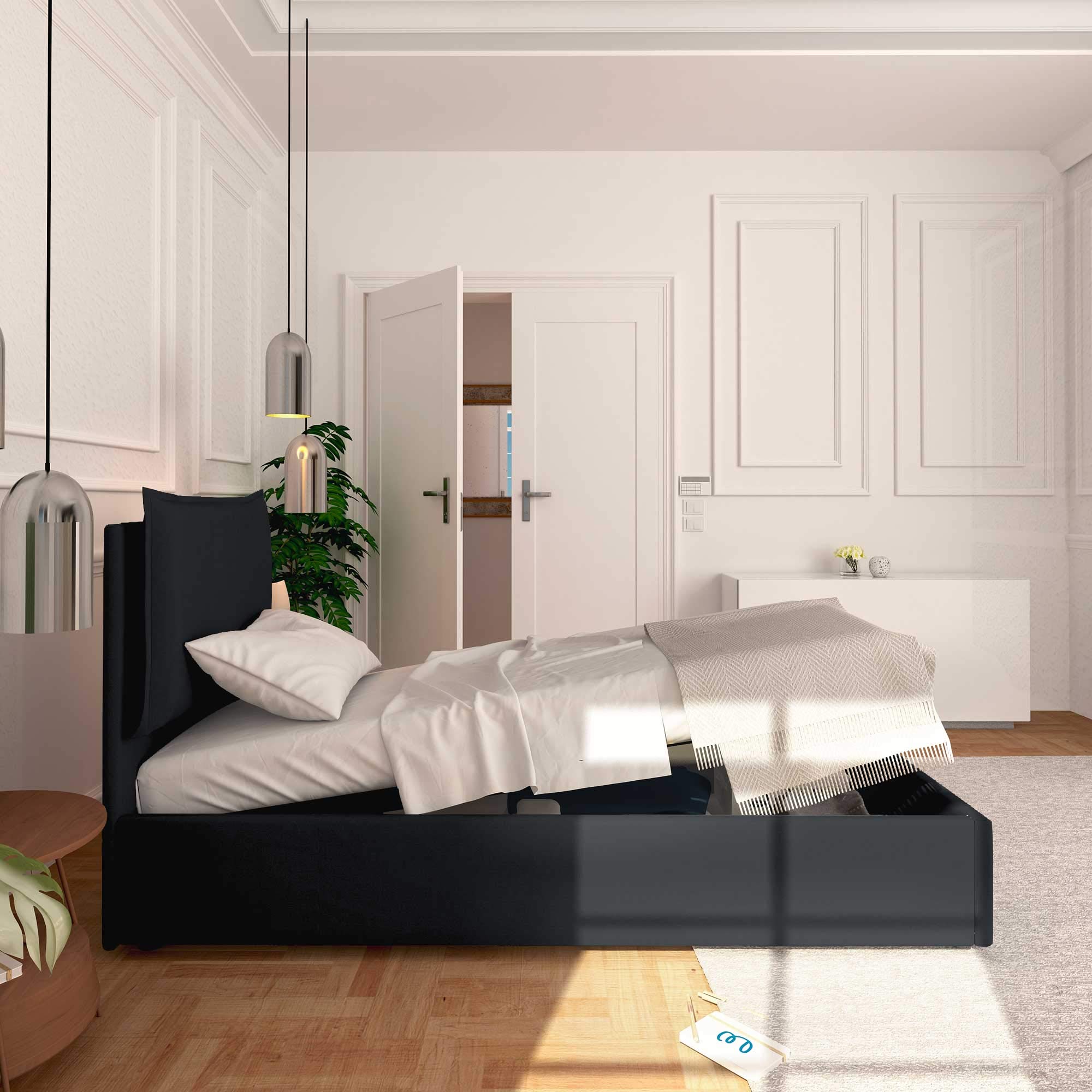 Baldiflex Single Bed Frame with Storage, Licia Fabric Model, Slatted Base for Single Mattresses, 80 x 190 cm, Thin Padded Headboard, Black - Perfect for Small Bedrooms, Guest Rooms & Studio Apartments