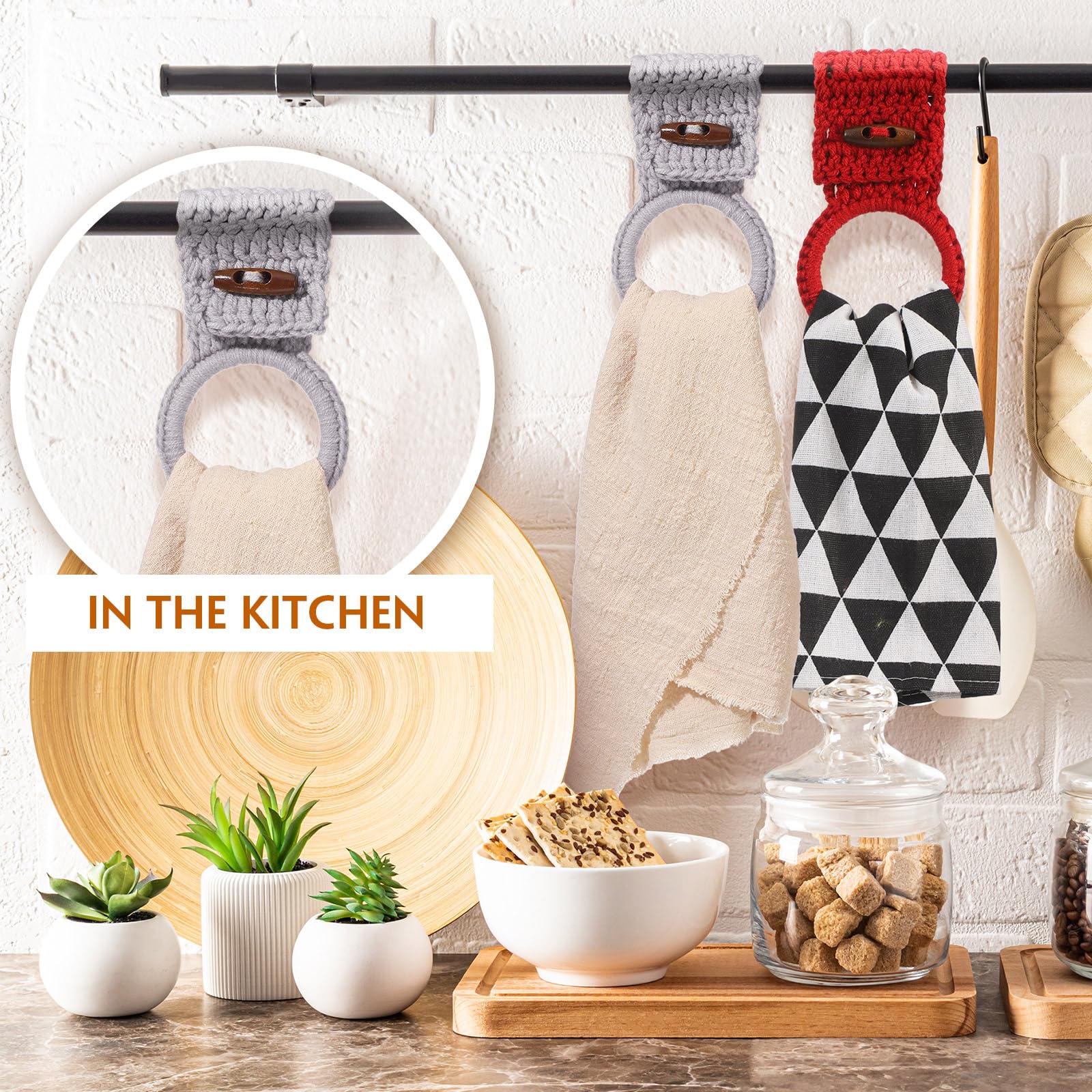 Hoolerry 8-Piece Crochet Hanging Kitchen Towel Set with Ring & Button Loop - Dish Towel Holder for Oven, Stove, Cabinet Door - 8 Elegant Colors (Round) - Perfect for Farmhouse, Rustic & Modern Kitchens