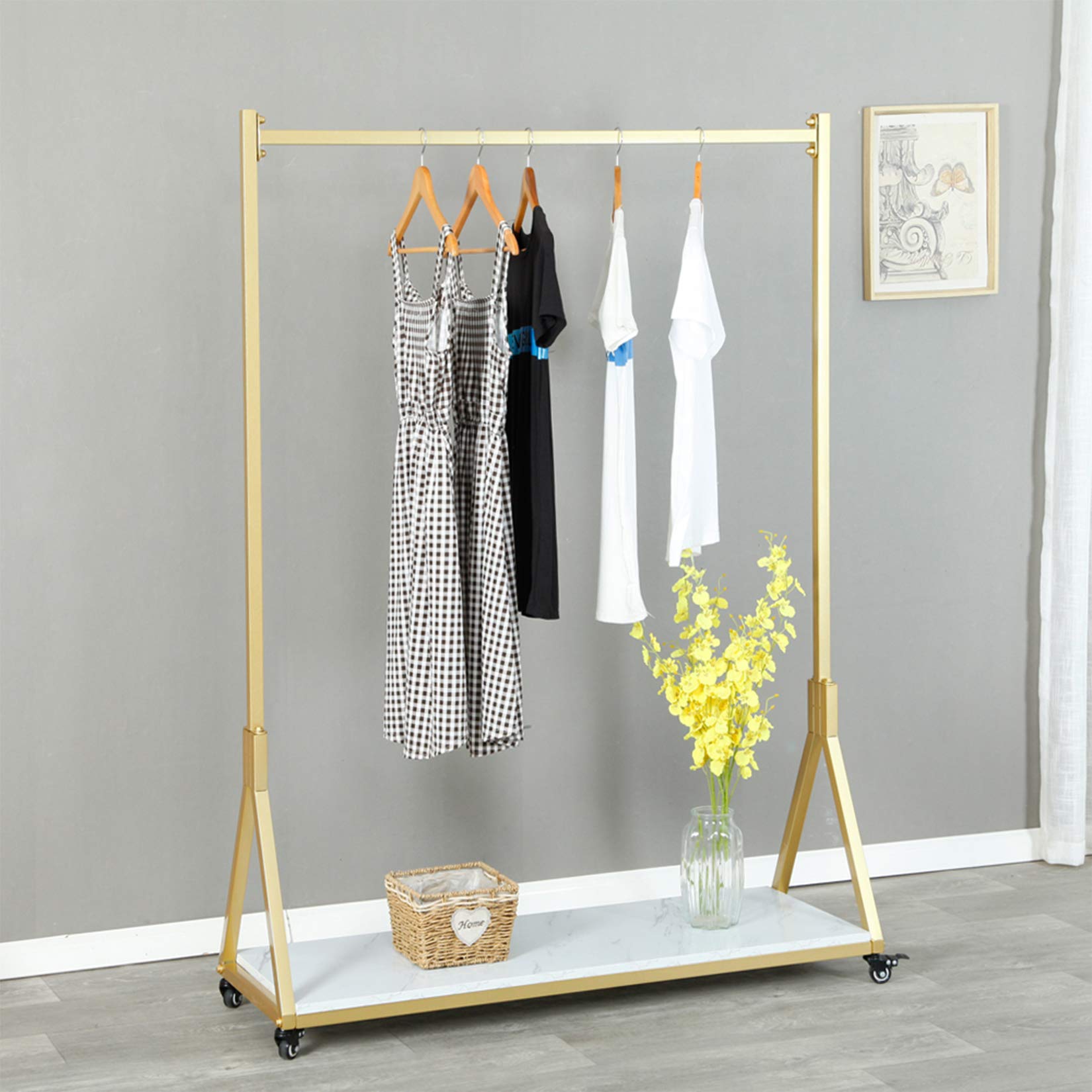 FURVOKIA Heavy Duty Metal Rolling Garment Rack with Wheels - Modern Wooden Retail Display Clothing Rack, Single Rod Floor-Standing Hanger for Clothes Storage (47.2 Inch) - Perfect for Boutique, Home Closet Organization & Retail Store Displays