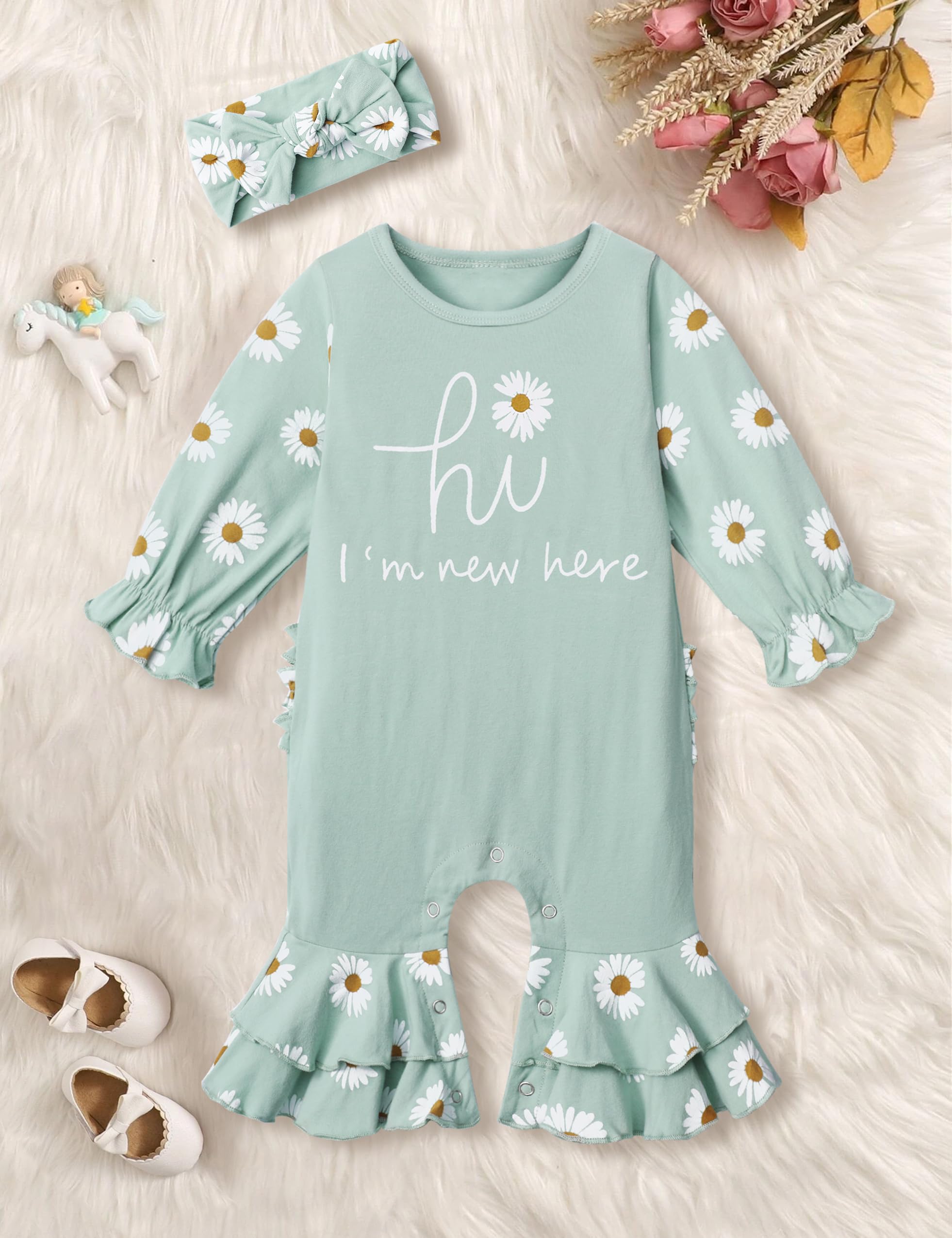 Newborn Girl Clothes - Ruffle Letter Print Romper & Bell Bottom Jumpsuit with Headband Hat | Boho Baby Outfit for Photoshoot, Party & Daily Wear
