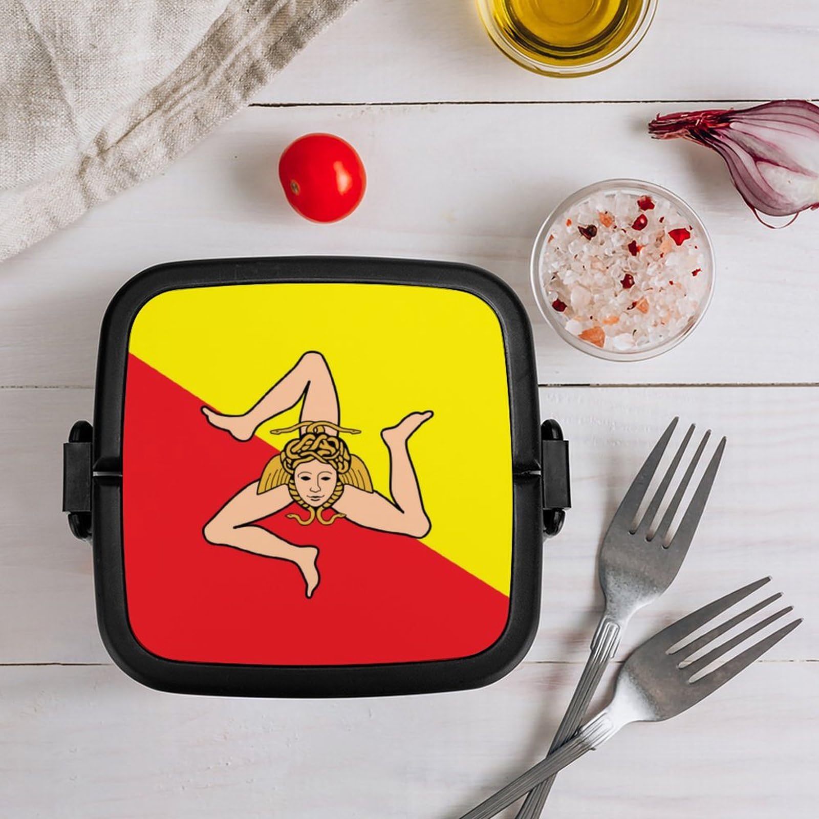 Sicily Flag Bento Box - Double Layer Stackable Lunch Box for Adults with Spoon - Leakproof Travel Food Container for Office, School & Picnic