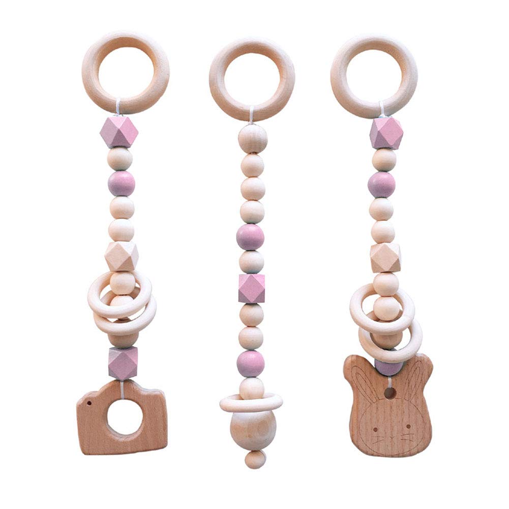 3Pcs Wooden Beads Ring Rabbit Pendant - Kids Room Nursery Wall Decor, Educational Montessori Toy Gift Set for Toddlers (Pink) - Perfect for Baby Shower, Birthday Gifts & Nursery Room Decoration
