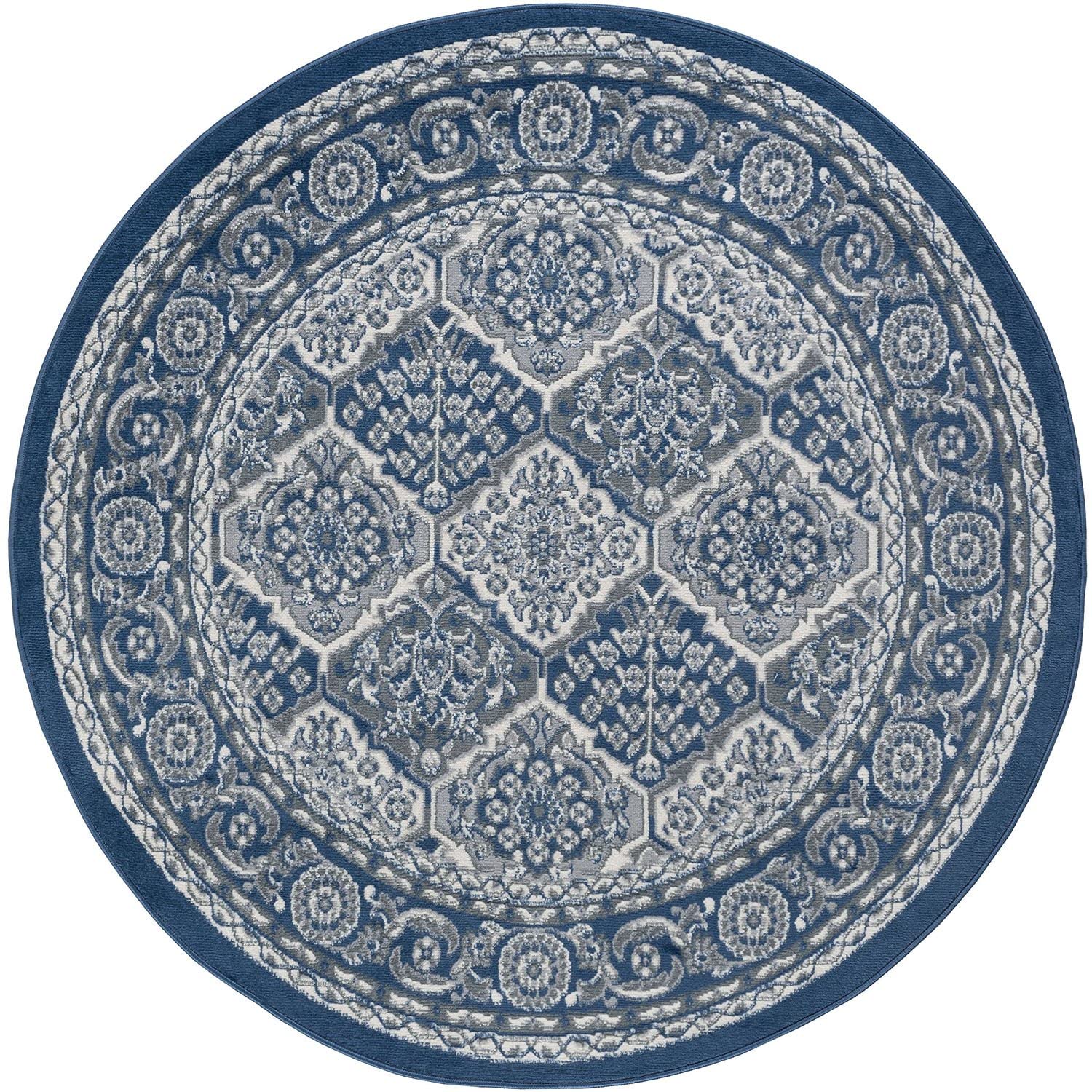 Tayse Oxnard Navy 6-Foot Round Area Rug - Traditional Oriental Blue Carpet for Living Room, Bedroom & Dining Room - Soft 5'3