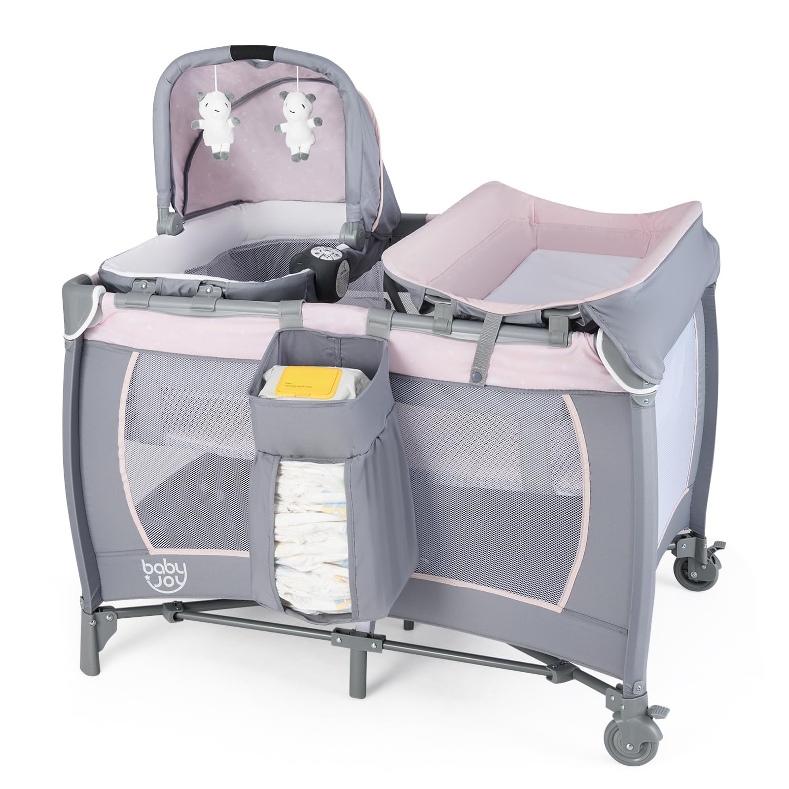 BABY JOY 5-in-1 Portable Baby Playard with Bassinet & Changing Table | Pink & Purple Starry Sky Playpen for Girls | Nursery, Travel & Home Use | Includes Toys, Music & Storage Bag