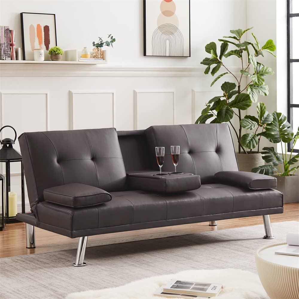 Modern Convertible Faux Leather Sofa Bed - Adjustable Folding Futon Sleeper with Reversible Design, Removable Armrests & 2 Cup Holders - Dark Coffee - Perfect for Small Spaces, Guest Rooms & Home Offices