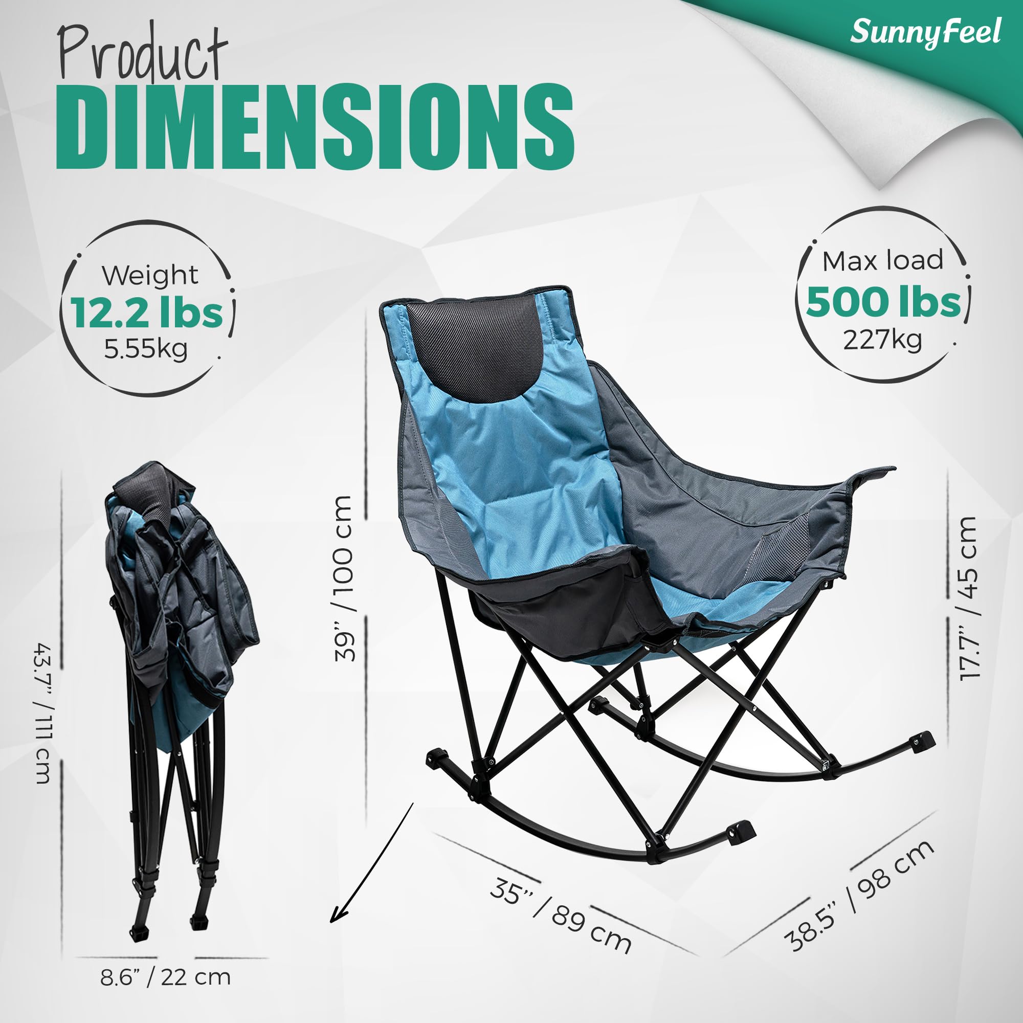 **SUNNYFEEL Premium Rocking Camping Chair - Heavy Duty Oversized Folding Recliner with Padded Seat & Storage Pocket - Portable Outdoor Lounge Chair for Camping, Picnic, Beach, Patio & Backyard Relaxation**