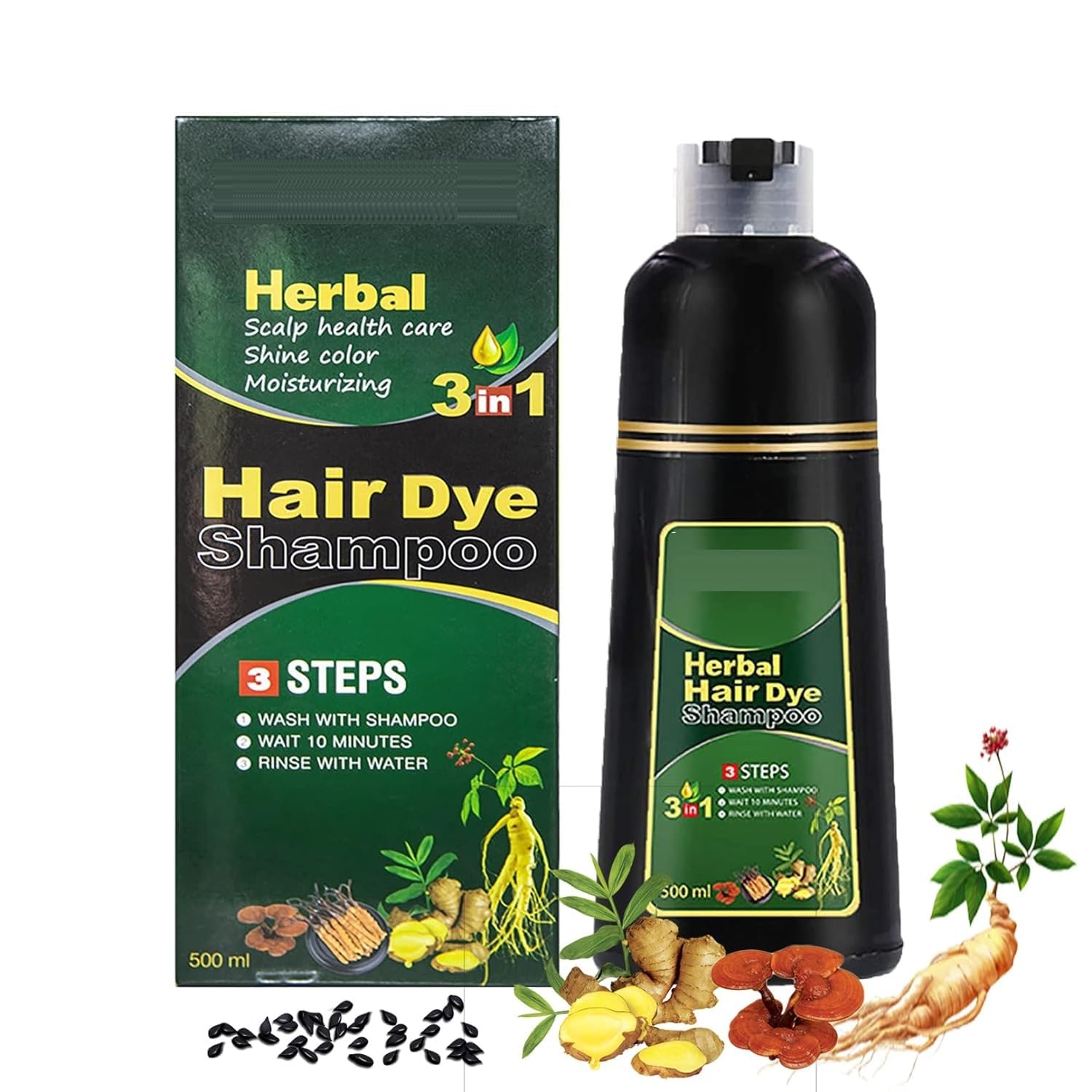 Lobe Miracle Herbal 3-in-1 Instant Black Hair Dye Shampoo for Women & Men - 500ml Natural Gray Hair Coverage in 15-20 Minutes | Herbal Hair Color Treatment for Quick Root Touch-Up & Full Head Coloring at Home