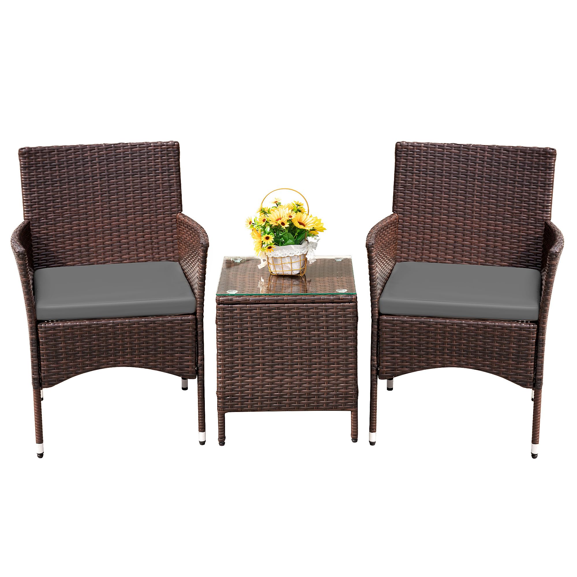 Devoko 3-Piece PE Rattan Wicker Patio Furniture Set with Table - Outdoor Garden Chairs for Porch, Deck, Backyard (Brown/Grey) - Perfect for Relaxing, Entertaining & Enjoying Sunny Days
