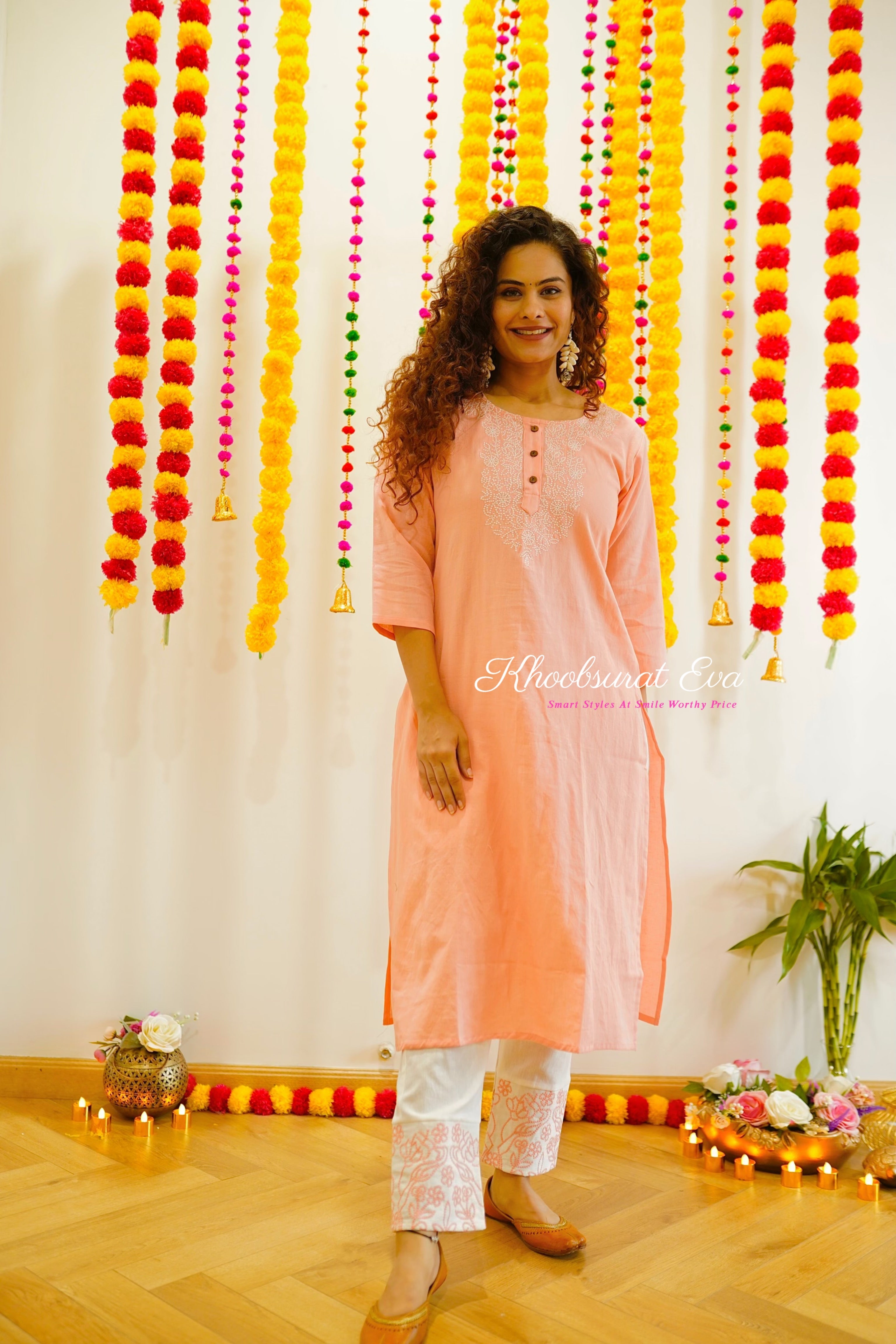 Peach and White Embroidered Kurta Set for Women | Traditional Indian Ethnic Wear | Perfect for Festivals, Weddings & Special Occasions