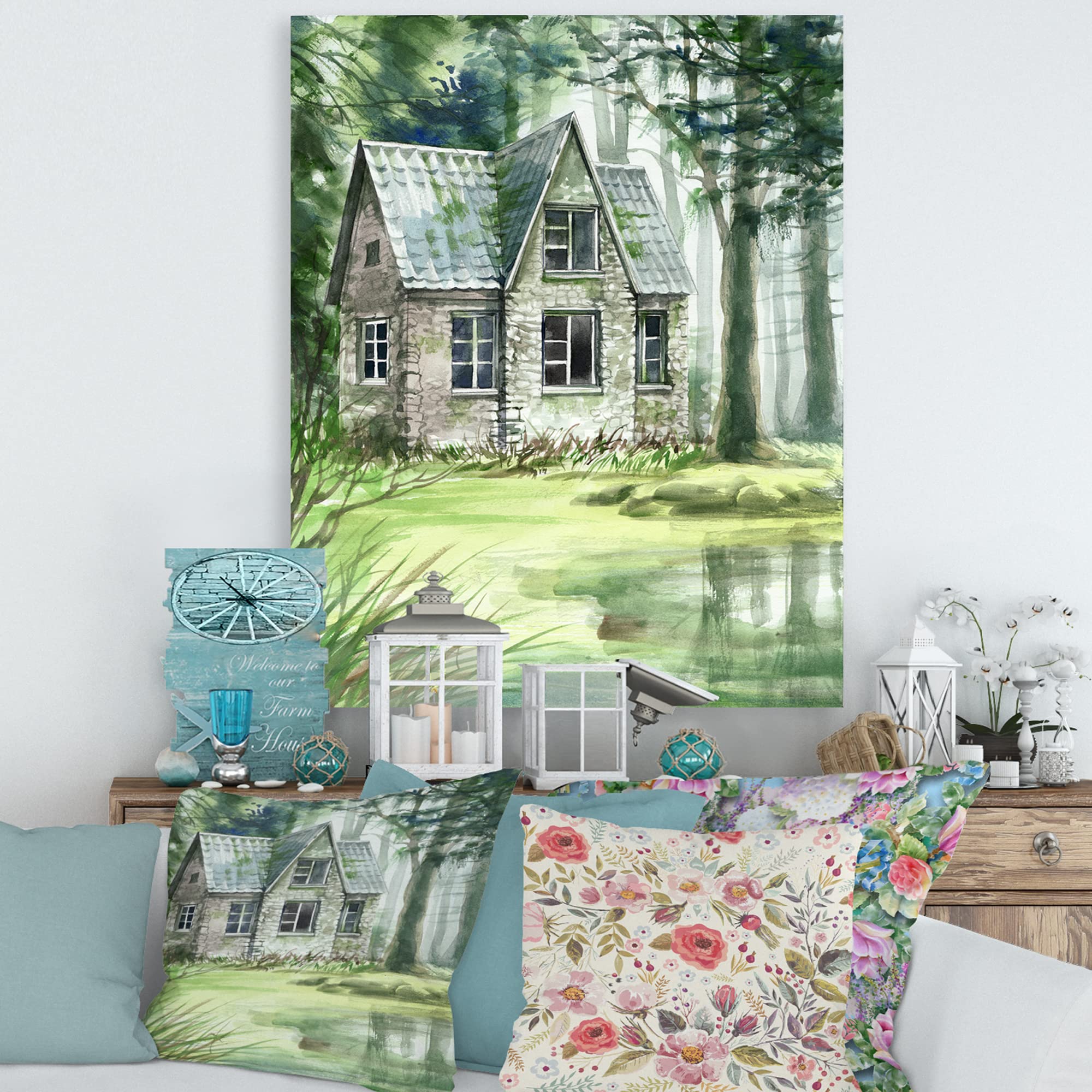 Spooky Haunted House in Pine Forest Lake - Gothic Canvas Wall Art for Halloween Decor, Living Room & Bedroom