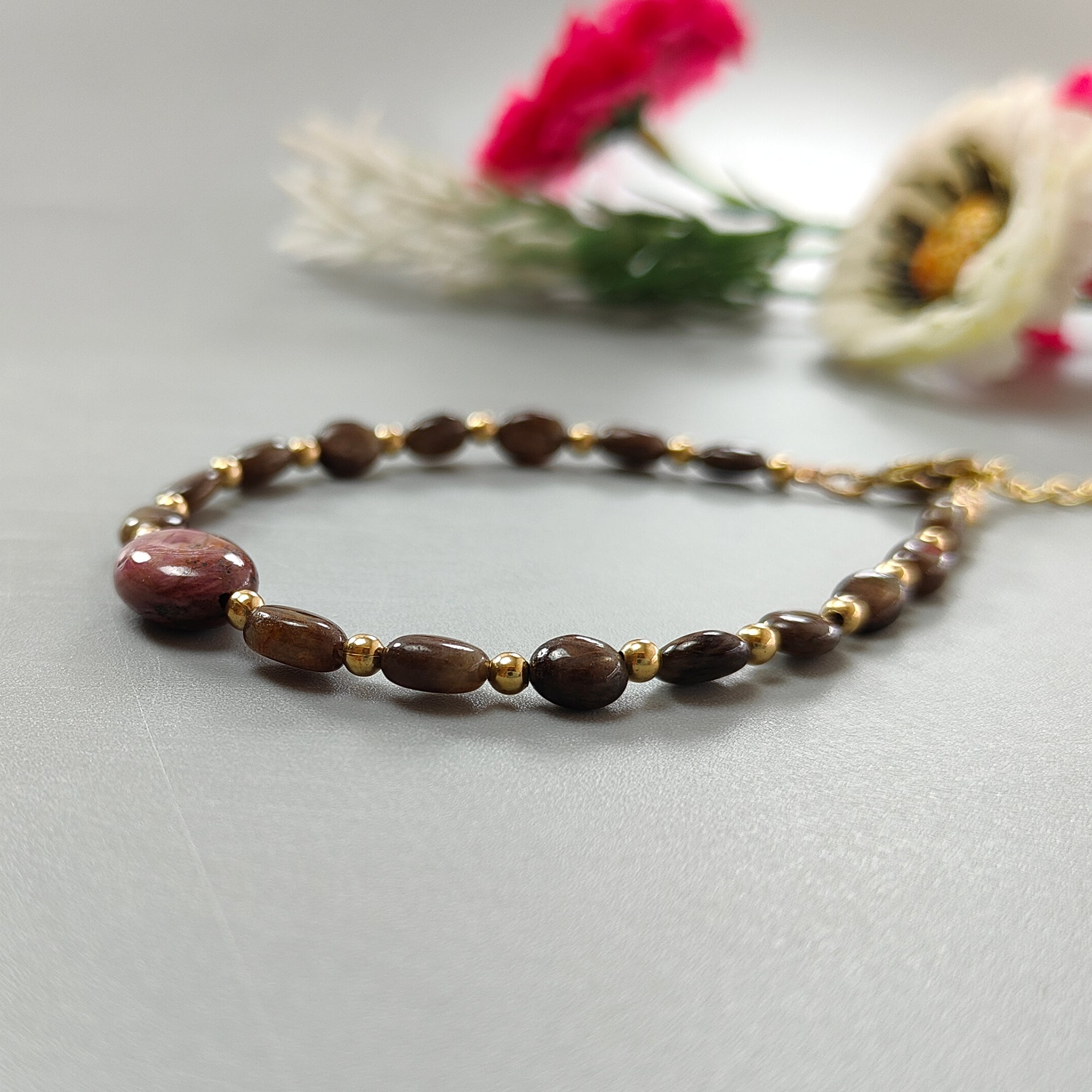 Natural Untreated Golden Brown Chocolate Sapphire Beads Bracelet with 44.40cts Ruby | 8*5mm & 12*10mm Oval Plain Brass Bracelet | Elegant Jewelry for Women, Gift for Her, Birthday, Anniversary, Party & Wedding Accessories