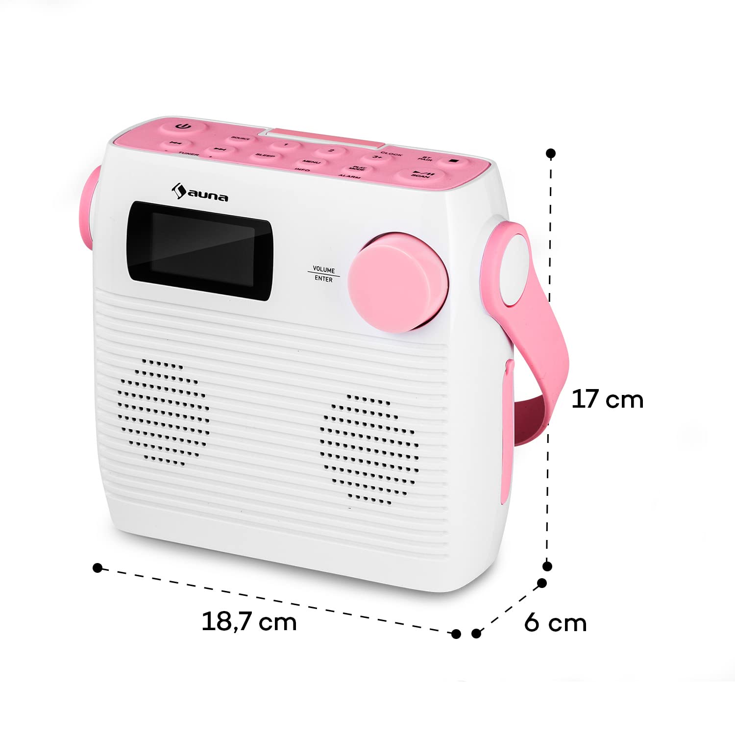 Auna Splash Shower Radio - Waterproof DAB+/FM Digital Radio with Bluetooth, USB-C Charging & Headphone Jack | IPX4 Rated for Bathroom, Poolside & Outdoor Use | White & Pink Color
