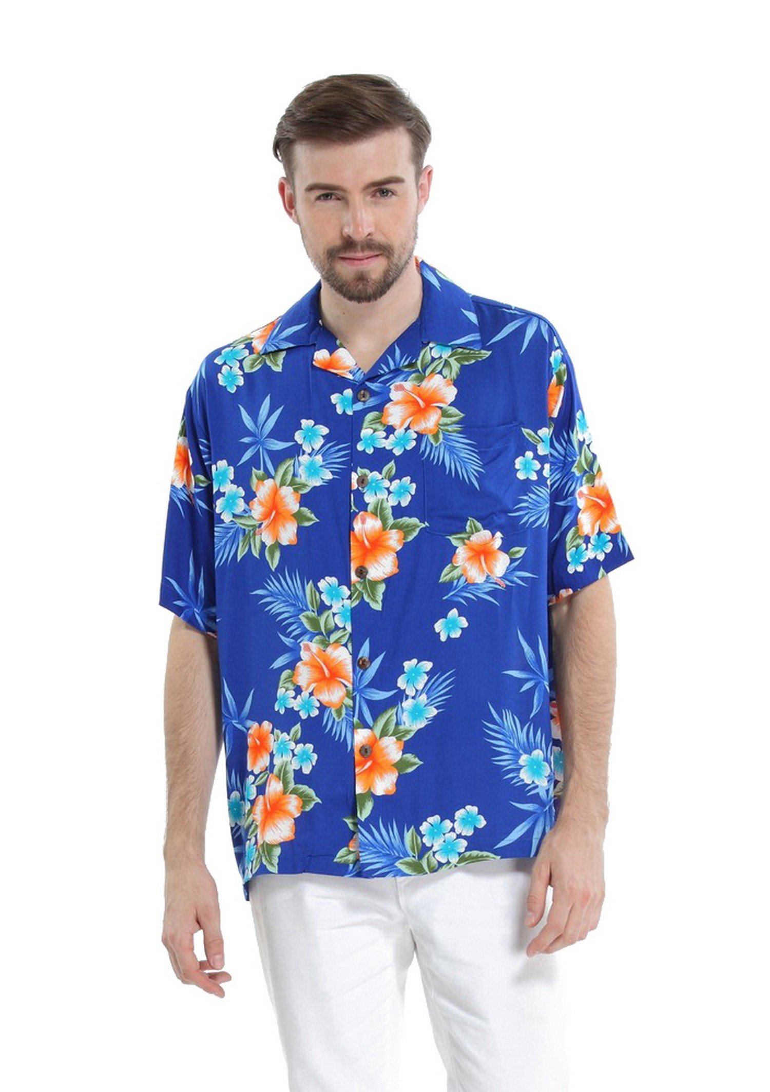 **Matching Couple Hawaiian Luau Shirts & Pink Hibiscus Vine Maxi Dress – Tropical Beach Vacation Outfits for Couples, Summer Party, and Honeymoon Getaways**