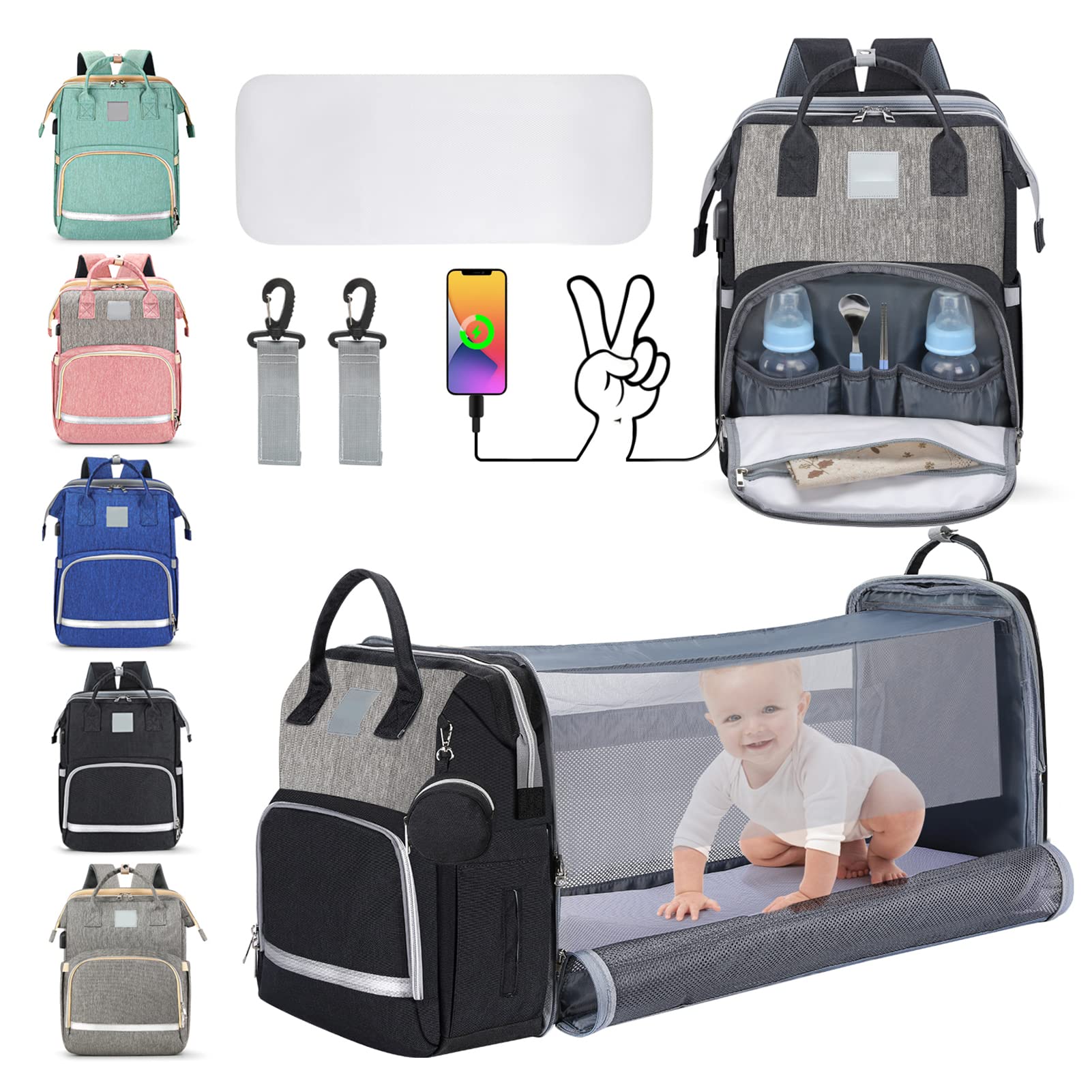 **Large Expandable Diaper Backpack for Moms - Multifunctional Travel Baby Bag with High Capacity, Waterproof & Stylish (Grayish Black) - Perfect for Day Trips, Air Travel & Baby Essentials Organization**