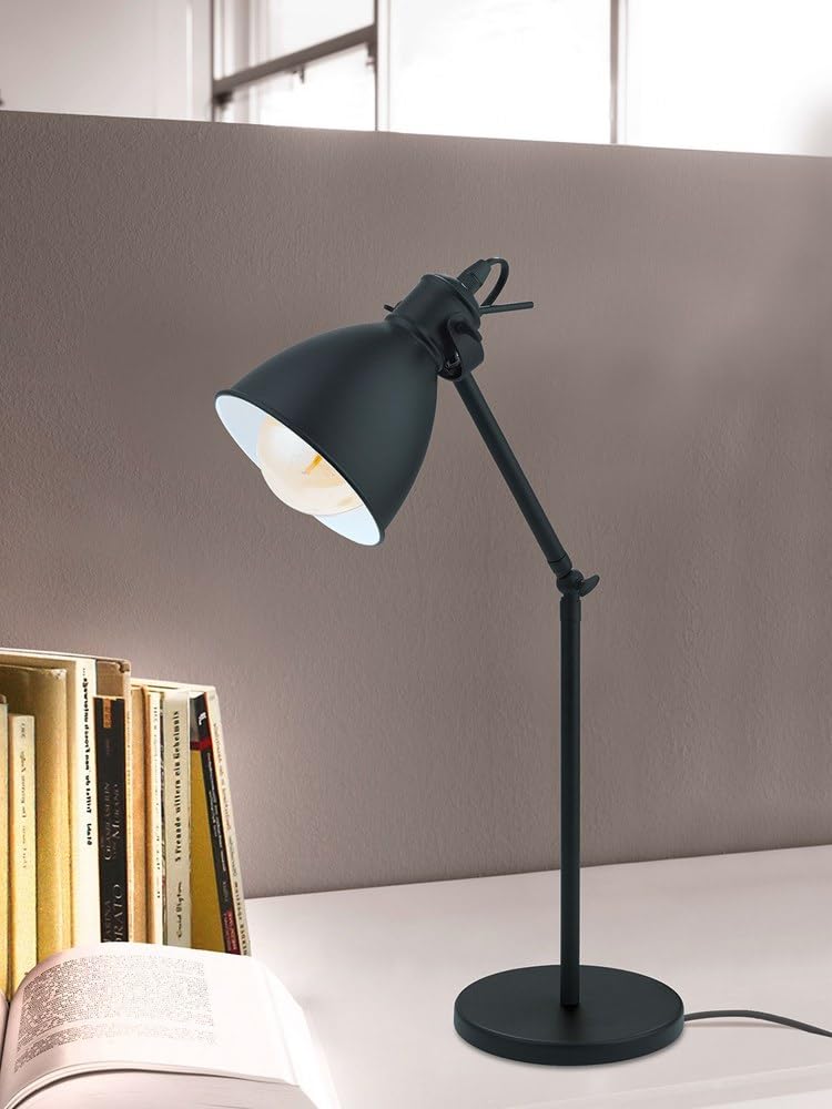 EGLO Priddy 1-Light Adjustable Desk Lamp - Black Finish with White Linen Shade - Modern Study Lamp for Office, Bedroom, or Reading Nook - Energy Efficient LED Desk Light