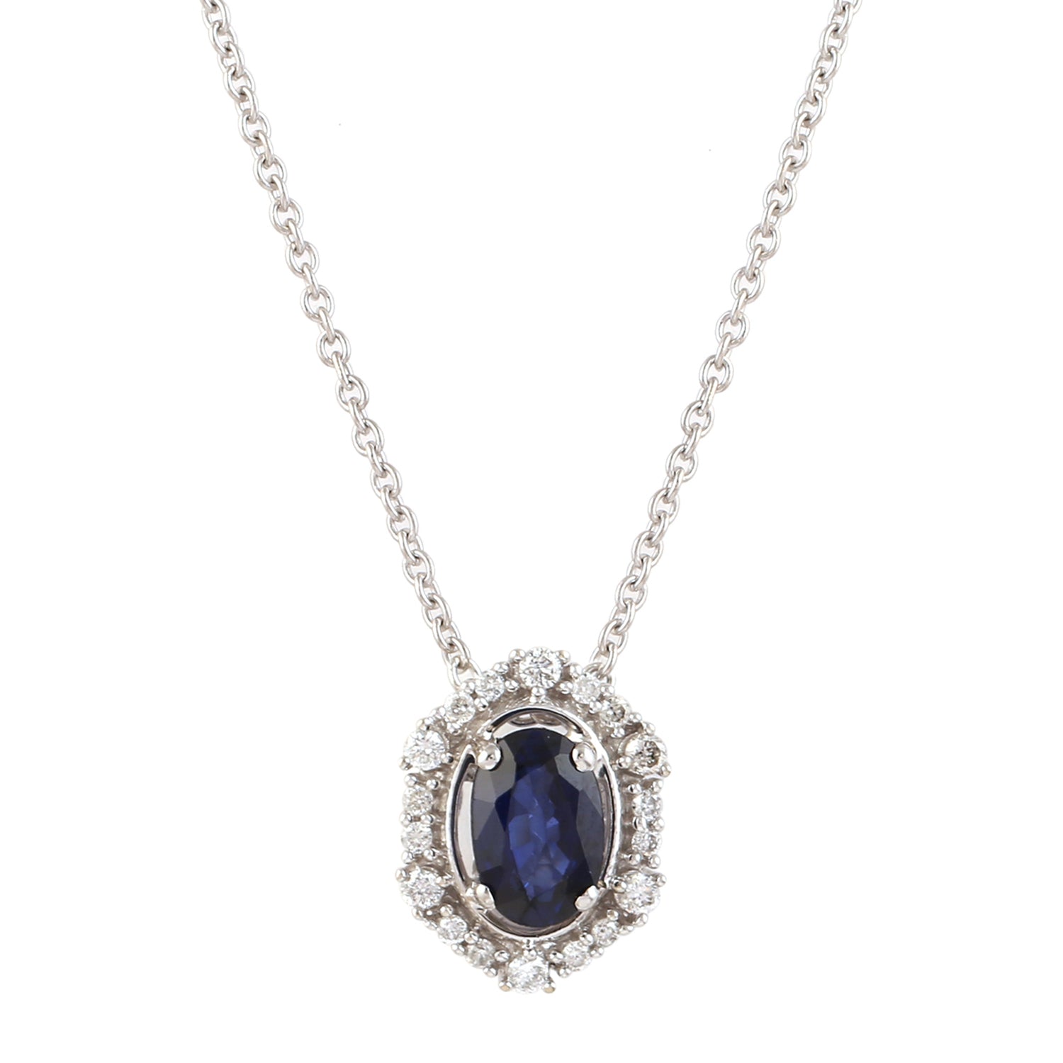 14K White Gold Blue Sapphire Pave Diamond Halo Princess Necklace for Women – Elegant Jewelry Gift for Brides, Anniversaries & Special Occasions