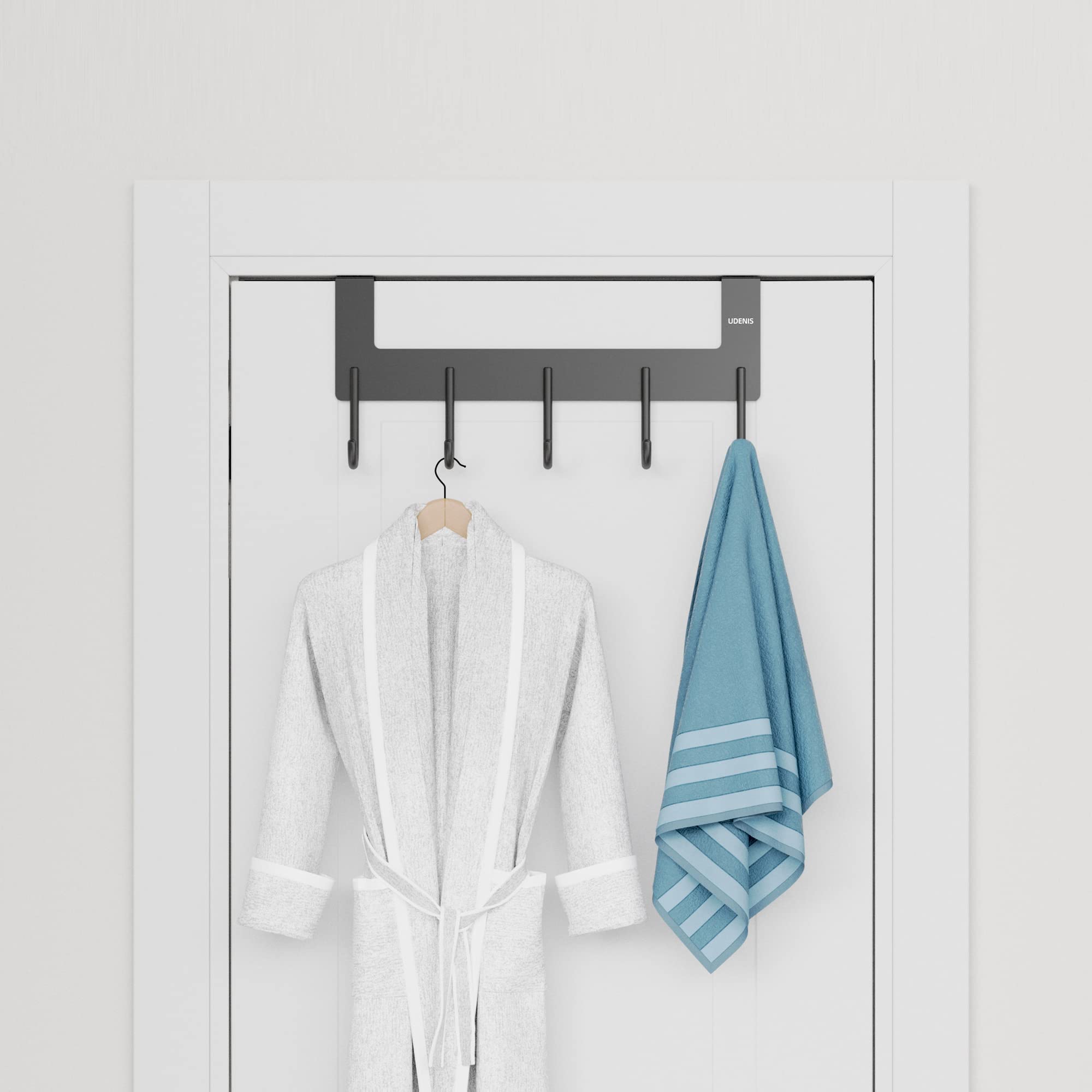 Metal Over The Door Hook Rack with 5 Hooks - Space Saving Towel & Coat Hanger for Bathroom, Bedroom, Closet - Durable Grey Finish (Perfect for Organizing Robes, Towels & Clothes in Small Spaces)