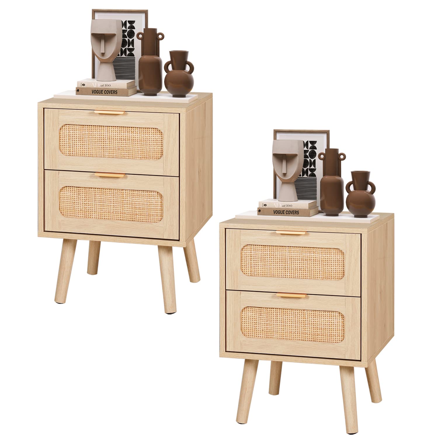 Mid Century Modern Nightstands Set of 2 with Rattan Drawers - Wooden Bedside Tables with Storage for Bedroom, Living Room | Perfect as End Tables or Accent Furniture for Small Spaces