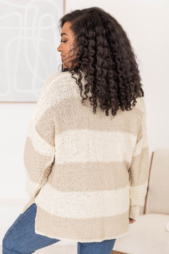 Best Beige Oversized Striped Henley Sweater for Women | Soft & Cozy Pullover | Casual Fall & Winter Fashion | Perfect for Layering, Coffee Dates & Weekend Outings