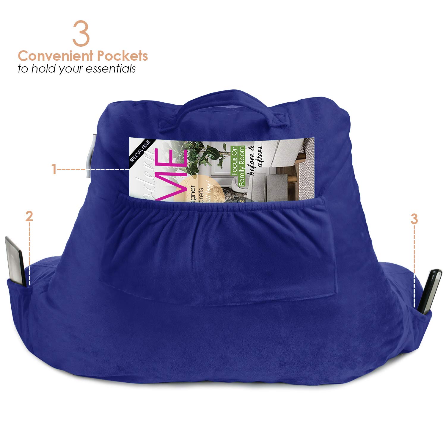 Nestl Reading Pillow with Shredded Memory Foam - Supportive Back Pillow for Sitting in Bed, Reading & Relaxing - Royal Blue Bed Rest Pillow with Pockets - Perfect for Reading, Watching TV, or Lounging Comfortably