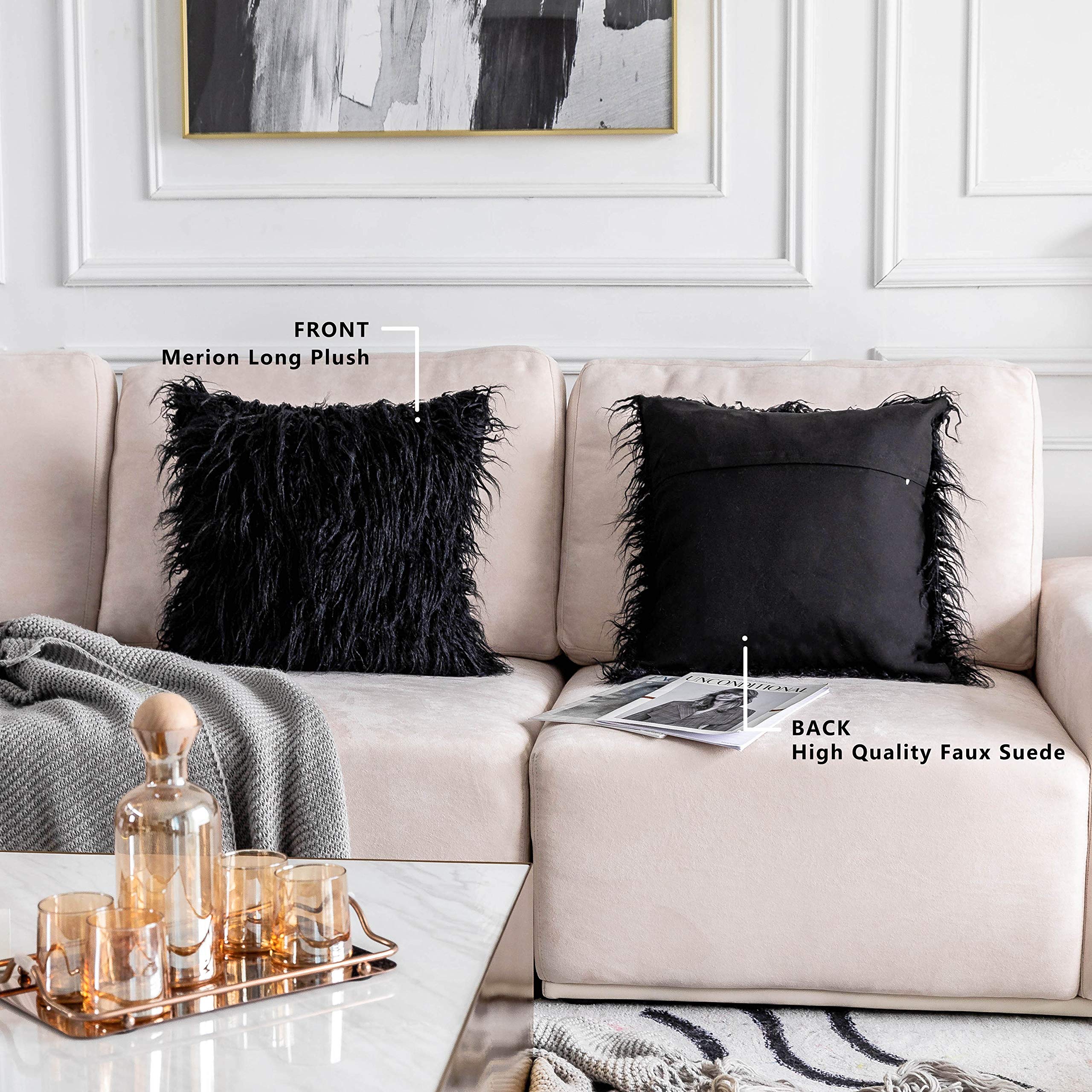 Premium 24x24 Inch Faux Fur Pillow Covers (2-Pack) - Soft Shaggy Decorative Throw Pillow Covers for Sofa, Bed & Outdoor Patio - Black Euro Sham (60cm) - Perfect for Living Room Decor, Garden Furniture & Cozy Home Accents