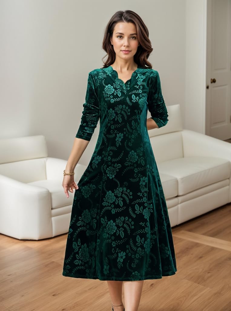 Akivide Women's 2024 Fall Velvet Long Sleeve Midi Dress - Elegant Evening Party Gown, Flowy Slim Fit Formal Dress for Women | Perfect for Cocktail Parties, Weddings & Holiday Events