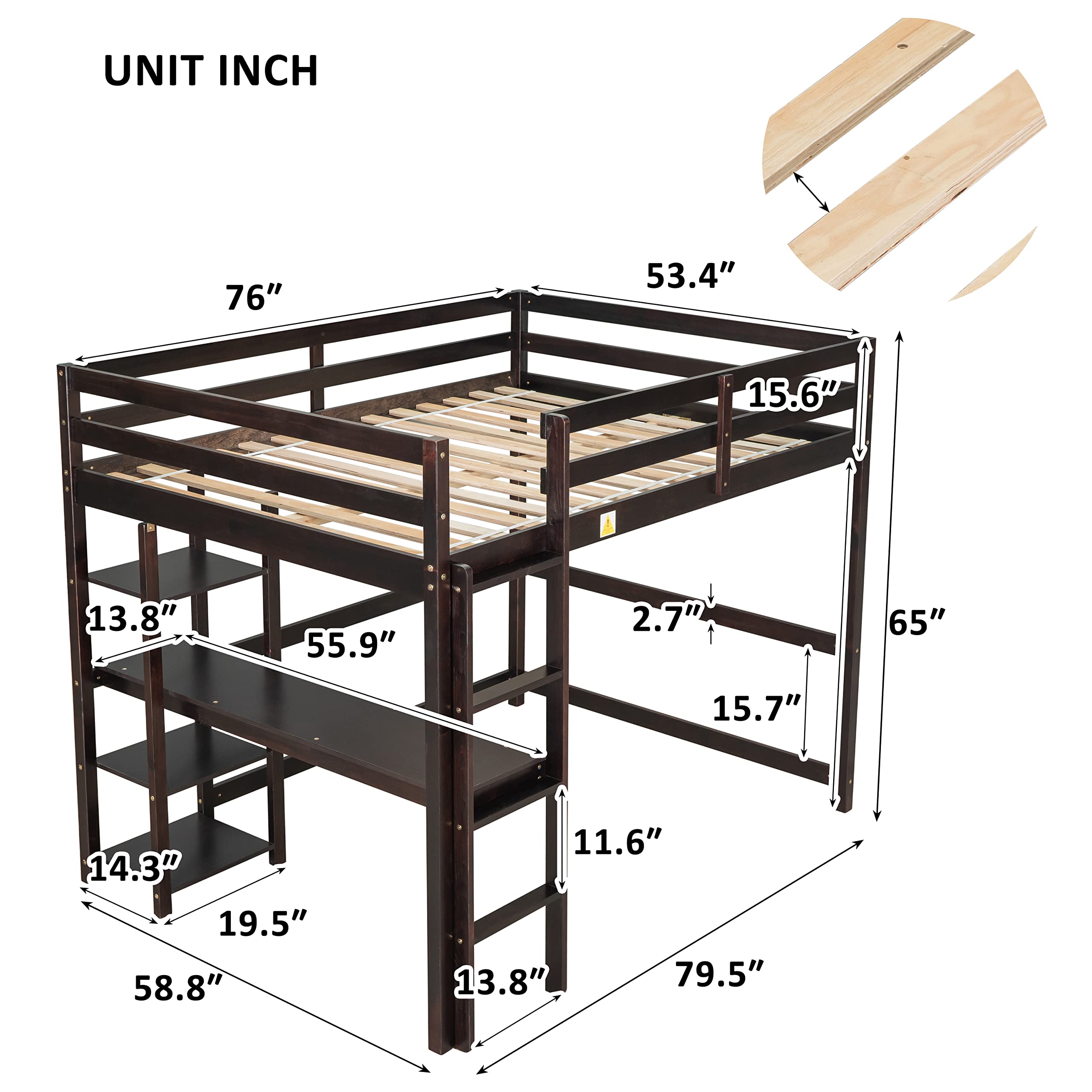 Harper & Bright Designs Full Size Wood Loft Bed with Built-in Desk for Kids & Teens - Space-Saving Study Bed for Boys & Girls in Espresso Finish - Perfect for Small Bedrooms, Dorm Rooms & Home Offices