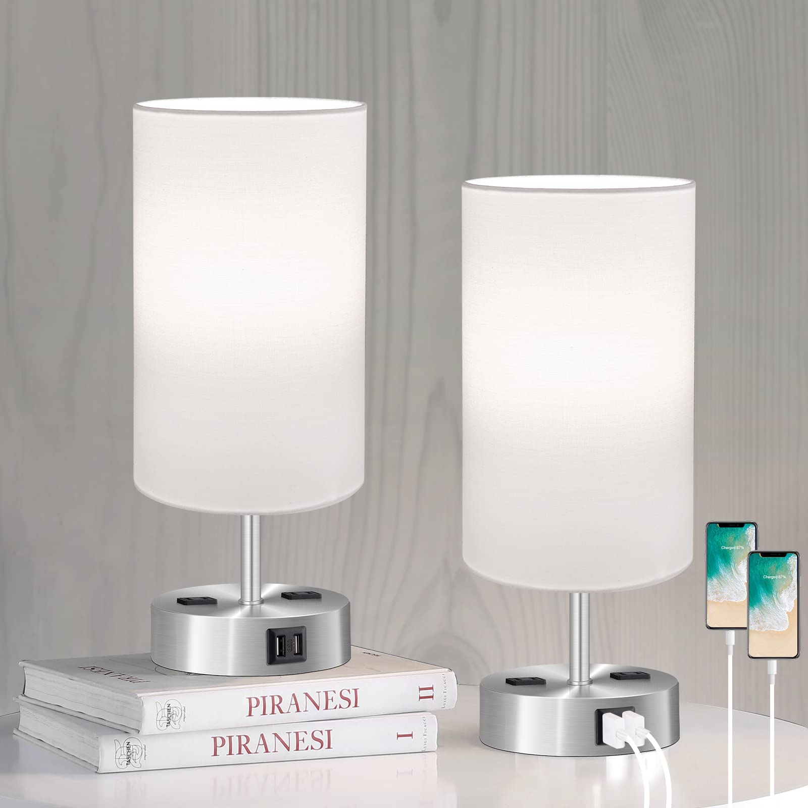 Touch Control Table Lamp Set of 2 - 3-Way Dimmable Bedside Nightstand Lamps with 2 USB Ports & 2 AC Outlets - Modern Tabletop Lamps with White Shades - Perfect for Bedroom, Living Room, Office & Study Desk - Includes 2 LED Bulbs