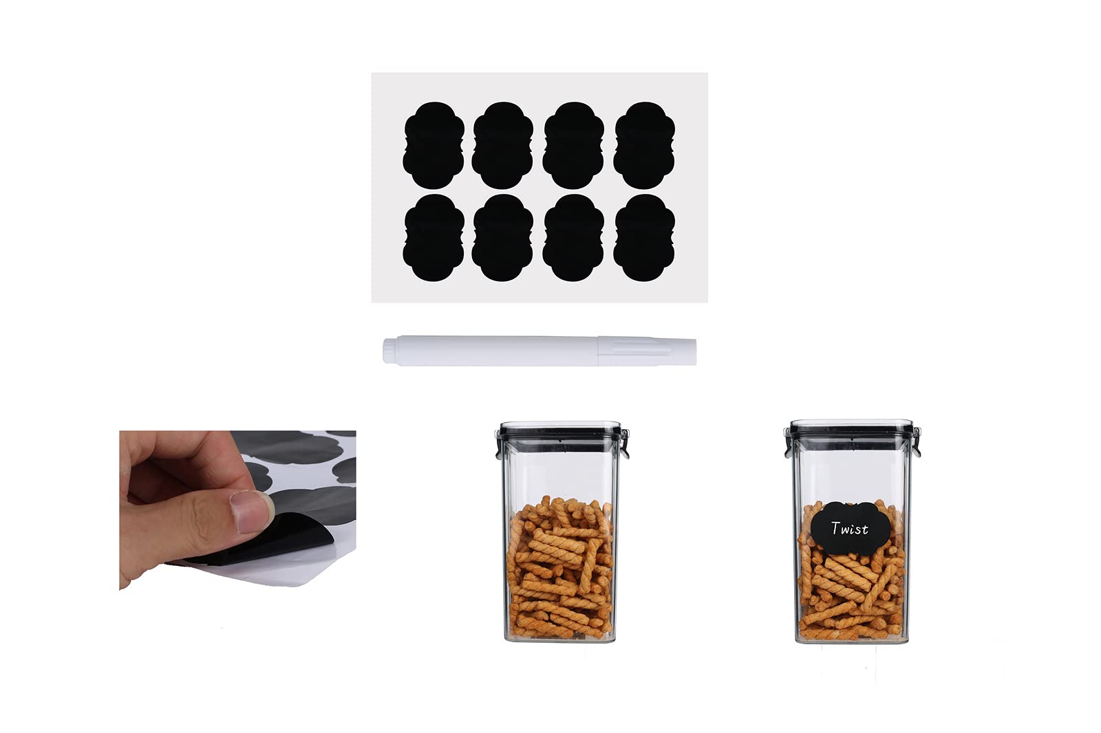 6-Piece Airtight Food Storage Containers Set with Lids - BPA-Free Plastic Kitchen Canisters for Pantry Organization | Dishwasher Safe | Includes 8 Labels & Marker Pen (Black) - Perfect for Storing Dry Goods, Snacks, Flour, Sugar & Meal Prep