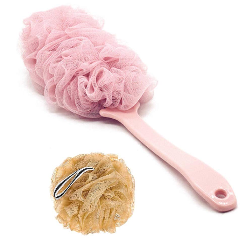 BlueFinger Loofah Back Scrubber with Long Handle - Soft Nylon Mesh Bath Sponge & Shower Brush Set, Exfoliating Body Scrubber for Deep Cleansing (Mix Colors) - Perfect for Back Washing, Exfoliation & Relaxing Spa Experience at Home