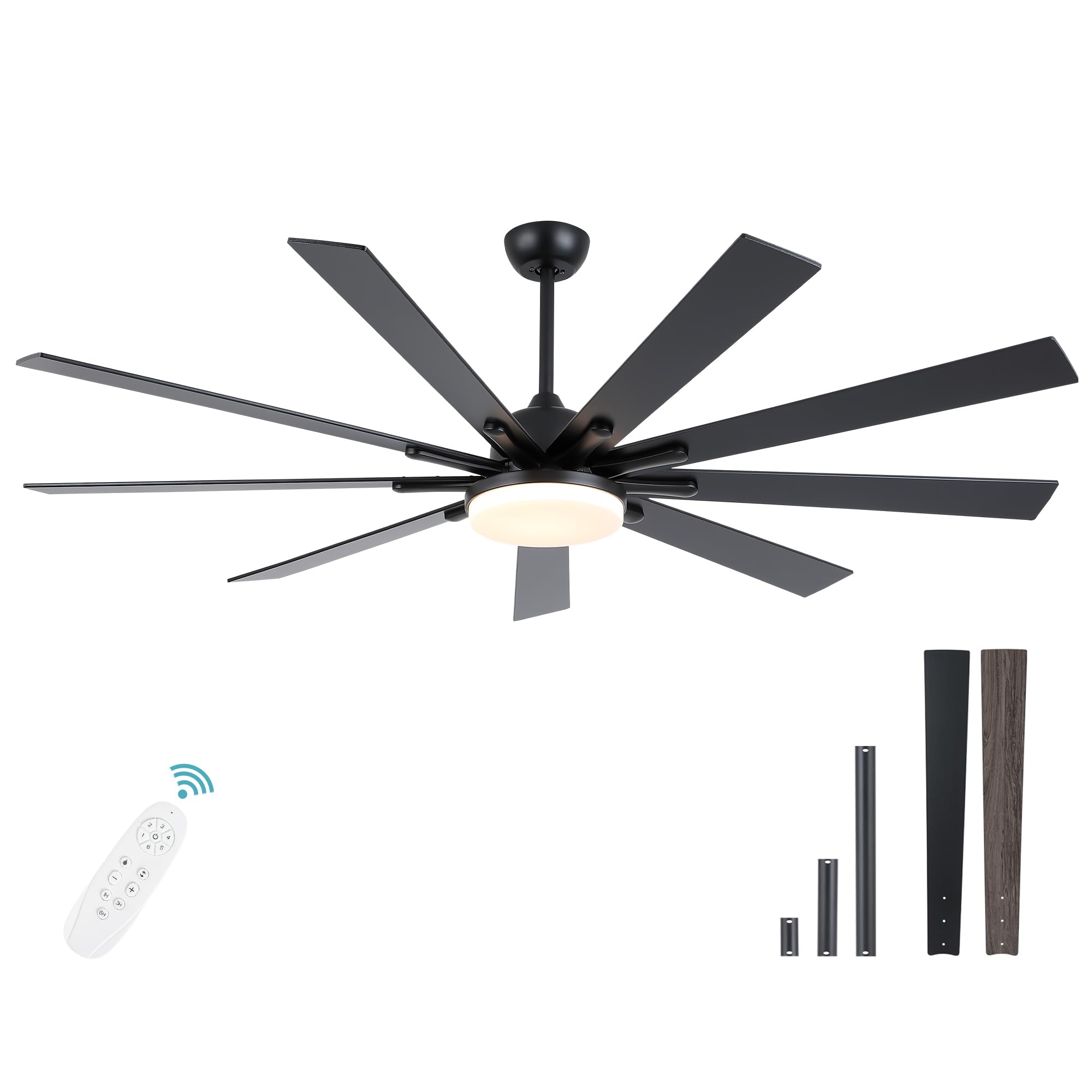 72 Inch Large Ceiling Fan with Lights and Remote Control - 9 Wooden Blades, Black - Quiet 3 CCT Dimmable LED, 6 Speed Adjustable - Perfect for Living Room, Bedroom, Patio, and Outdoor Spaces