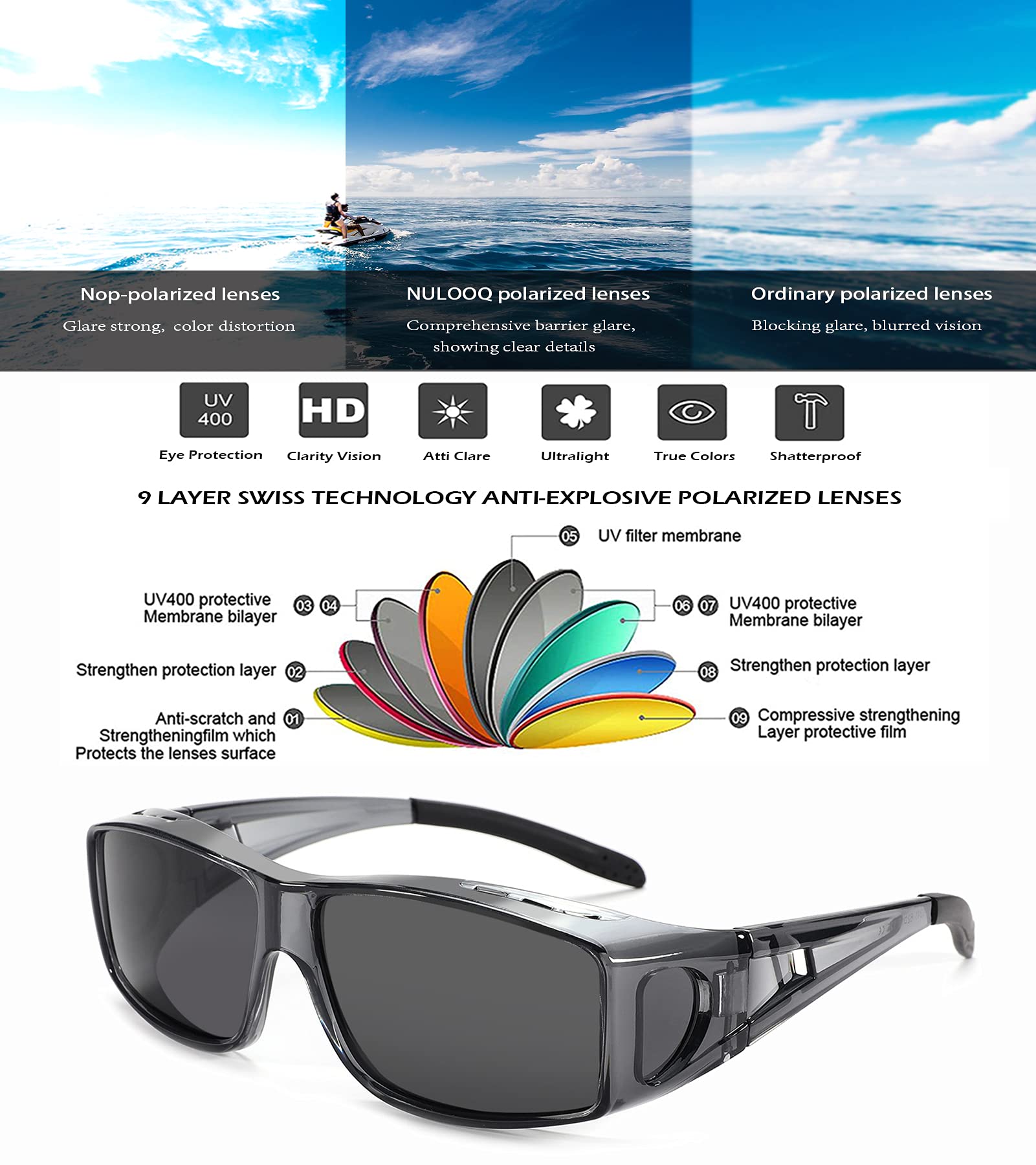 NULOOQ Polarized Sunglasses for Men & Women - Fit Over Prescription Glasses with Wrap Around Design - Perfect for Driving, Fishing & Outdoor Activities