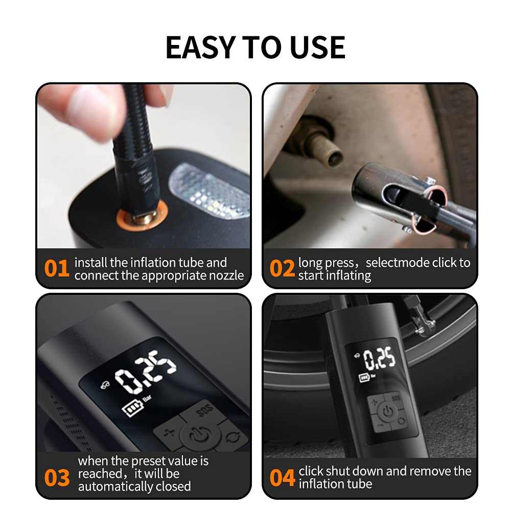 4 in 1 Portable Air Compressor - Mini Electric Pump for Car, Bike Tires & Inflatables | 150PSI Rechargeable Li-Ion Battery | Digital LCD Display & LED Emergency Light | Compact & Ergonomic Design - Perfect for Roadside Emergencies, Camping and Sports Equipment Inflation