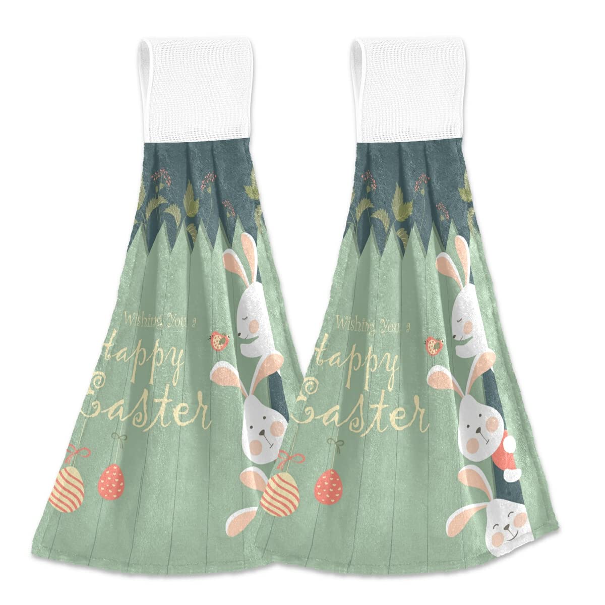 ALAZA Set of 2 Easter Bunny Egg Fence Hanging Kitchen Dish Towels - Super Absorbent Hand Towels with Loops for Easter Decor & Kitchen Use