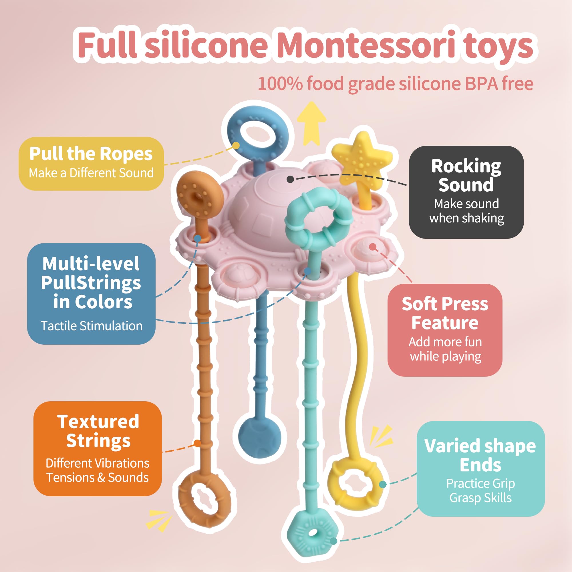 Montessori Baby Pull String Toy - 100% Food Grade Silicone with Built-in Rattle, Easy to Clean Teething Toy for Infants (Pink) - Perfect for Early Learning, Sensory Play & Soothing Teething Pain