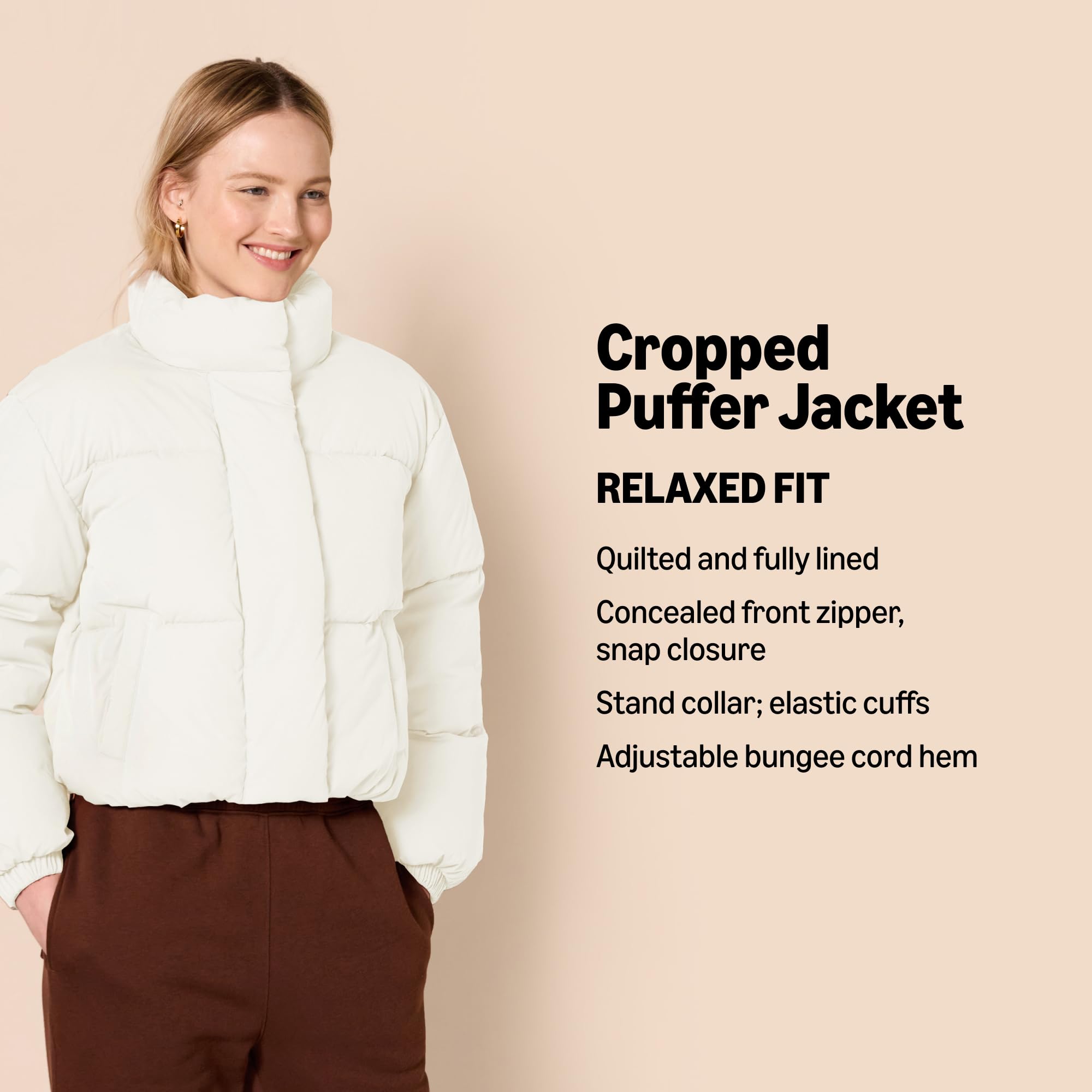 Amazon Essentials Women's Cropped Full-Zip Puffer Jacket - Quilted Matte or Sherpa Fleece - Lightweight Warm Winter Coat for Casual Outfits & Outdoor Activities