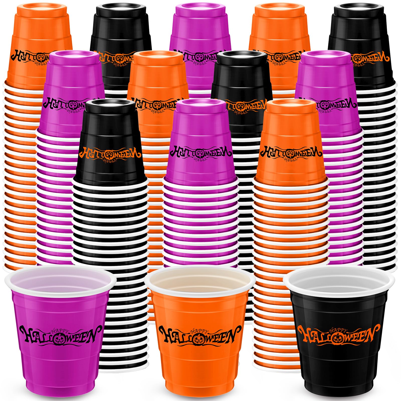 100-Pack Halloween Plastic Cups 2 oz - Disposable Mini Party Cups for Bachelorette, Birthday, Tasting & Serving - Black, Orange, Purple - Perfect for Halloween Parties, Baby Showers & Cocktail Sampling
