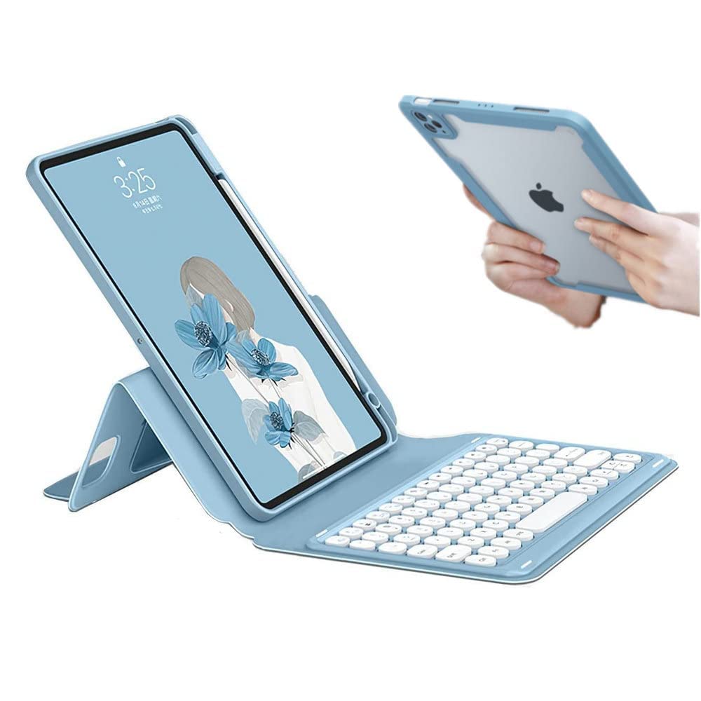 iPad Air 5th & 4th Gen / iPad Pro 11 Case with Detachable Bluetooth Keyboard - Magnetic Clear Shell Cover with Pencil Holder, Round Keycaps (Sky Blue) - Perfect for Work, Study & Travel