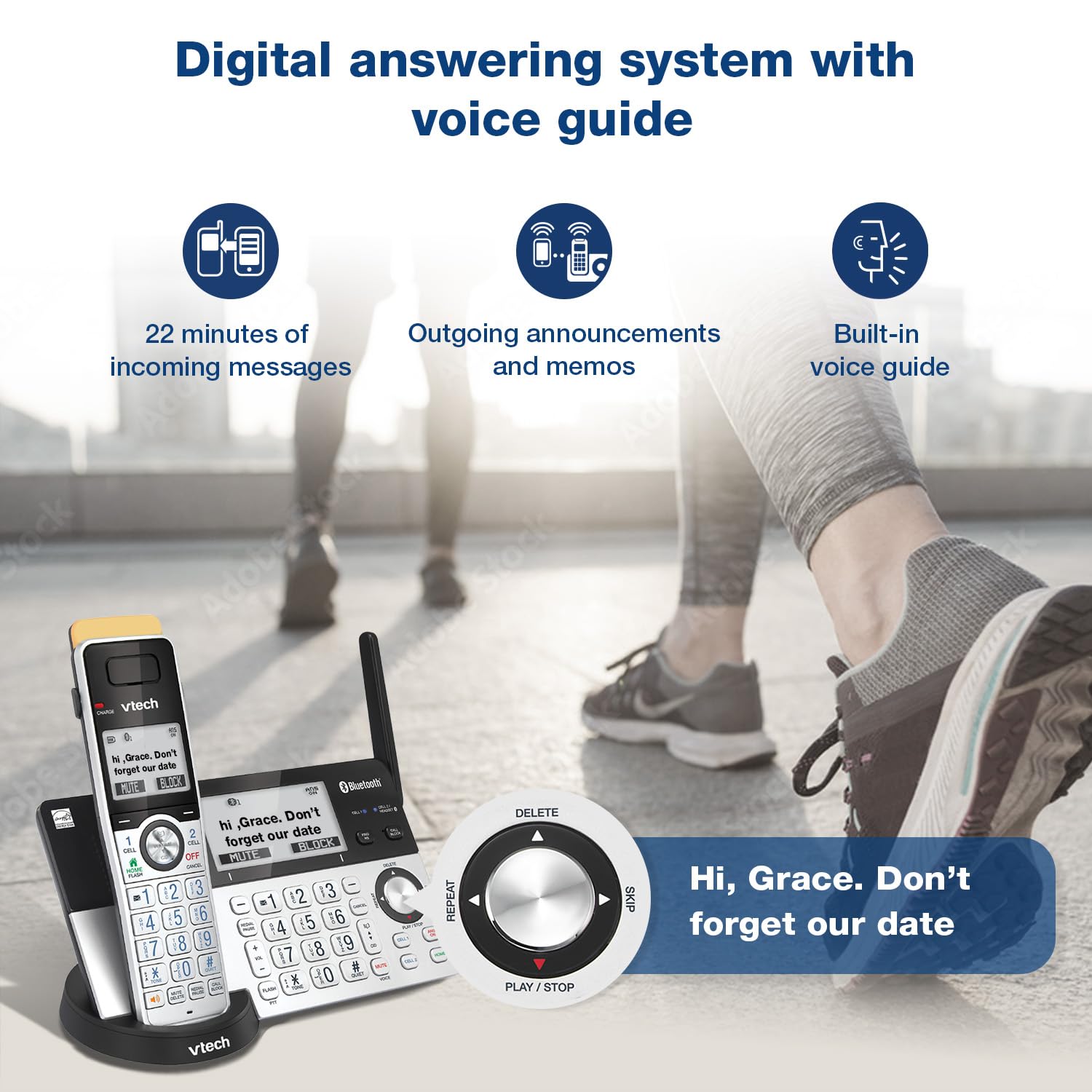 VTech IS8151-4 Super Long Range 4 Handset Cordless Phone System with Answering Machine - 2300 ft Wireless Range, Call Blocking, Bluetooth Connectivity, Headset Jack & Power Backup - Expandable to 12 Handsets (Silver/Black) for Home Office & Large Houses