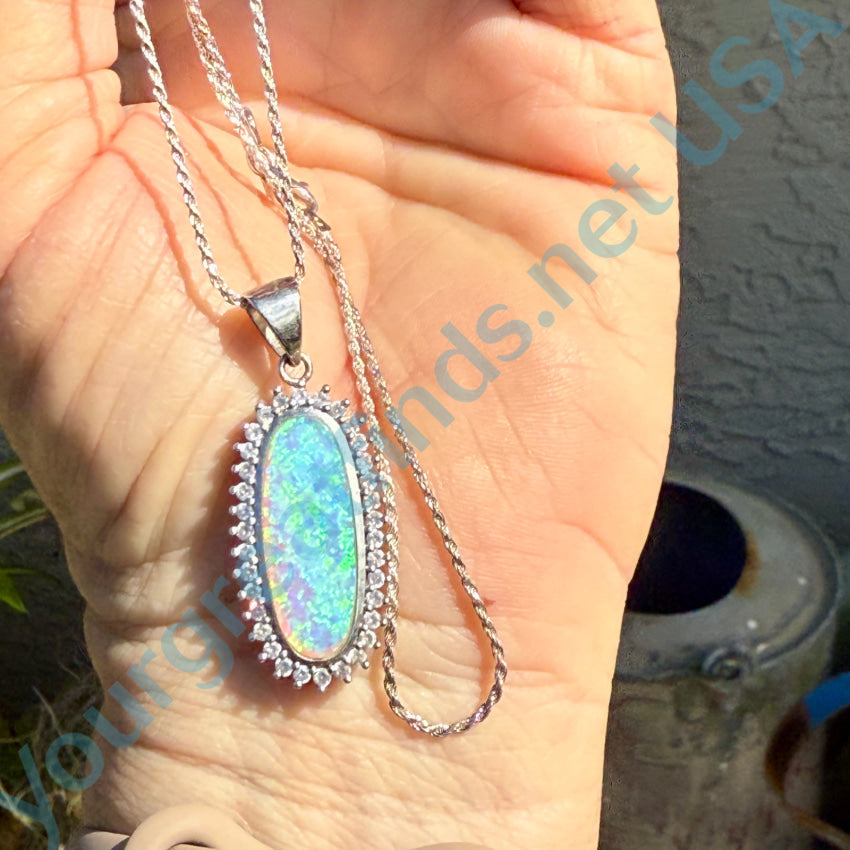 14K Sterling Silver Opal & Cubic Zirconia Pendant Necklace with Chain - Elegant Jewelry for Women, Perfect for Gifts, Parties & Special Occasions